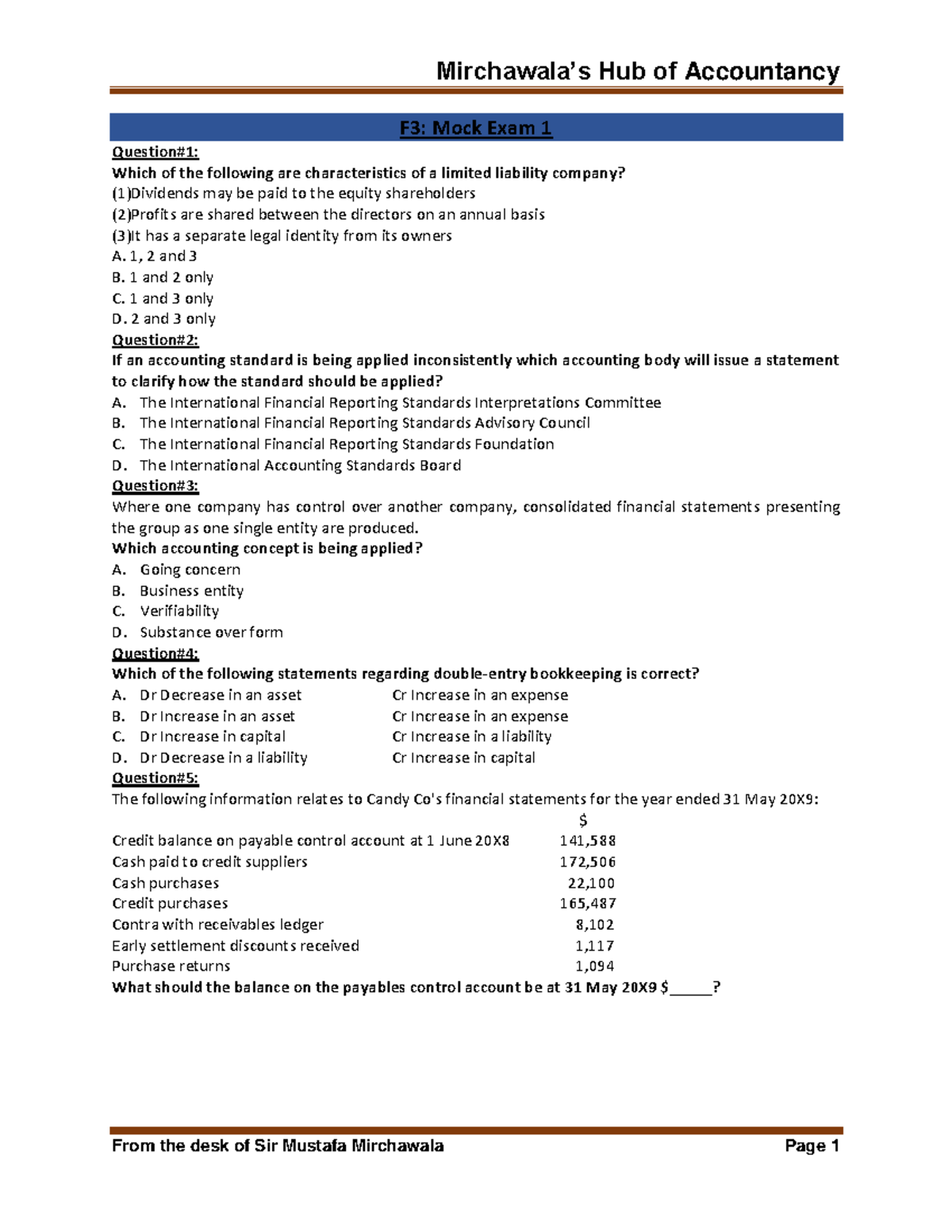 F3: Accountancy Mock Exam 1 & 2 Questions and Answers - Studocu