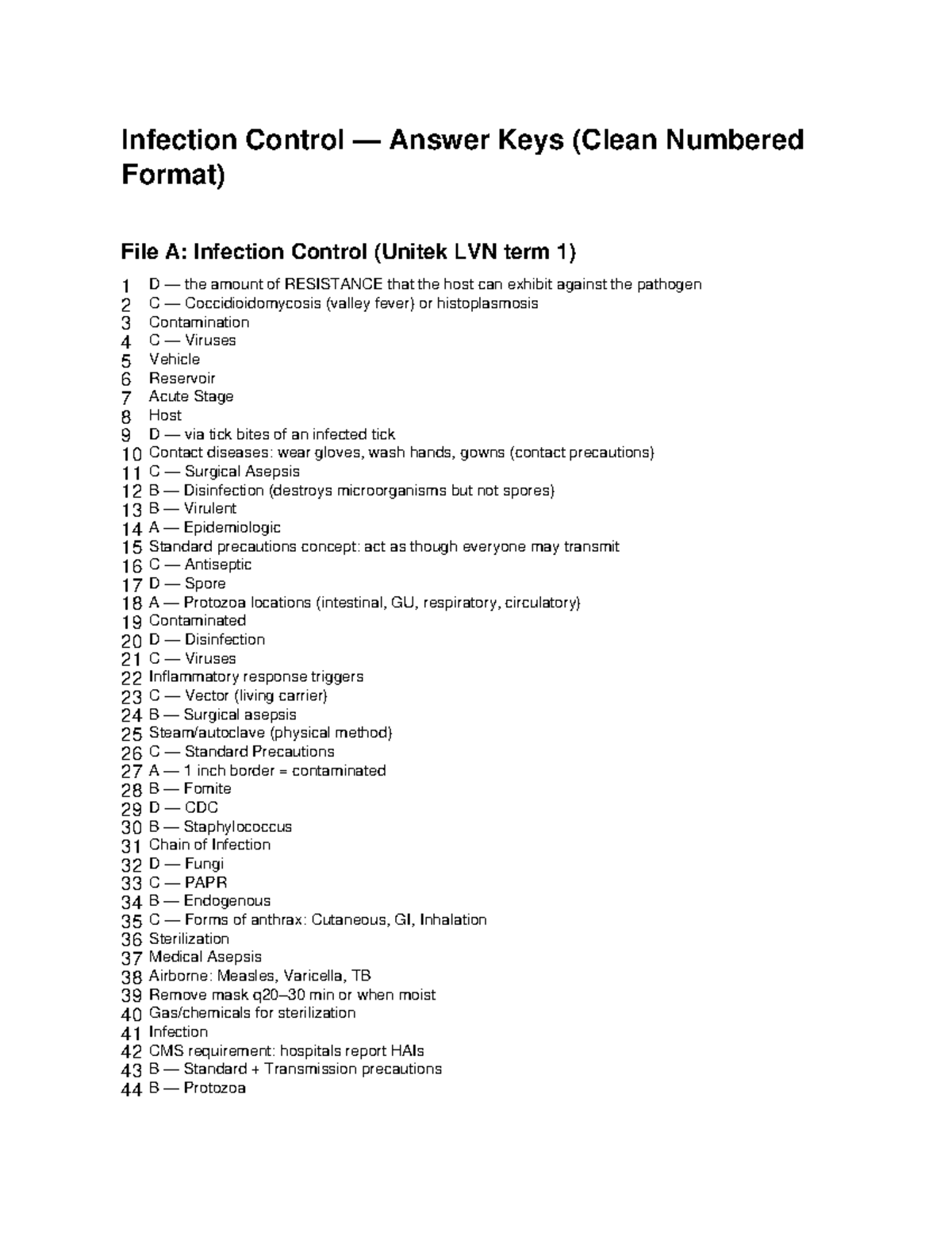 Infection Control Answer Key (Unitek LVN Term 1) - Studocu