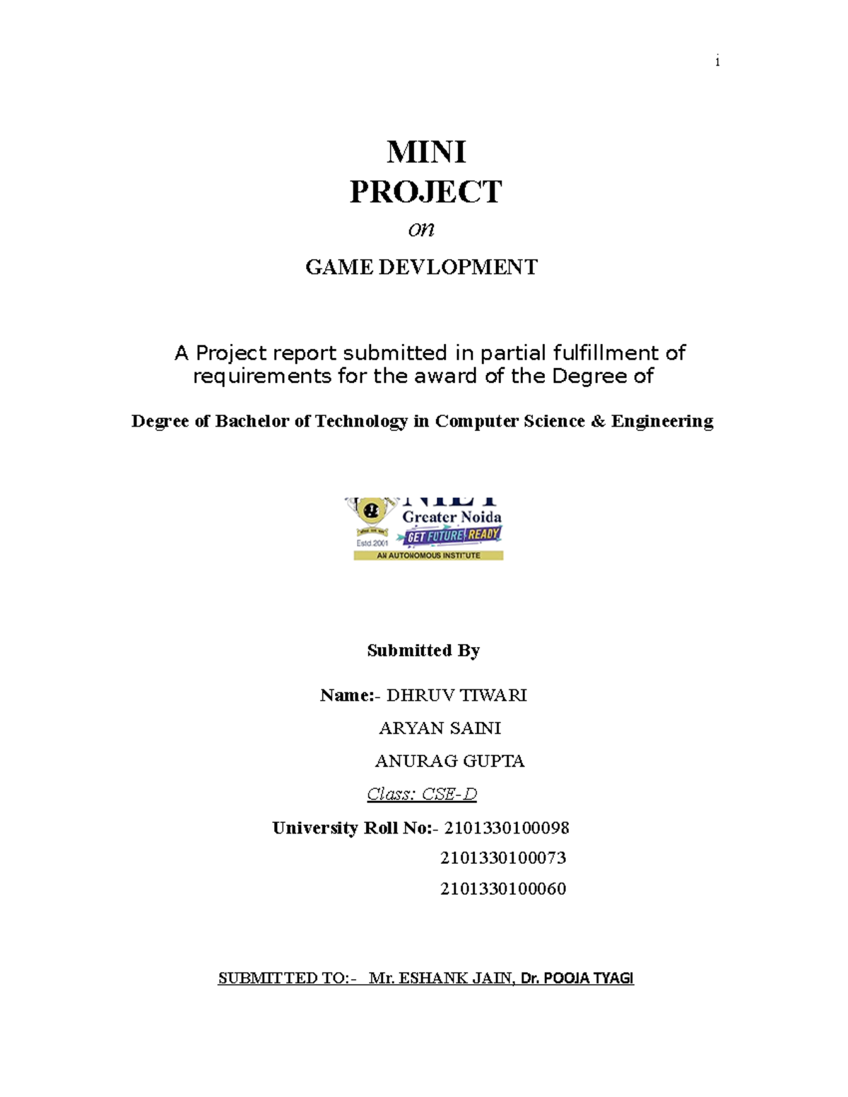 Mini Project Report on Java Game Development for CSE-D - Studocu