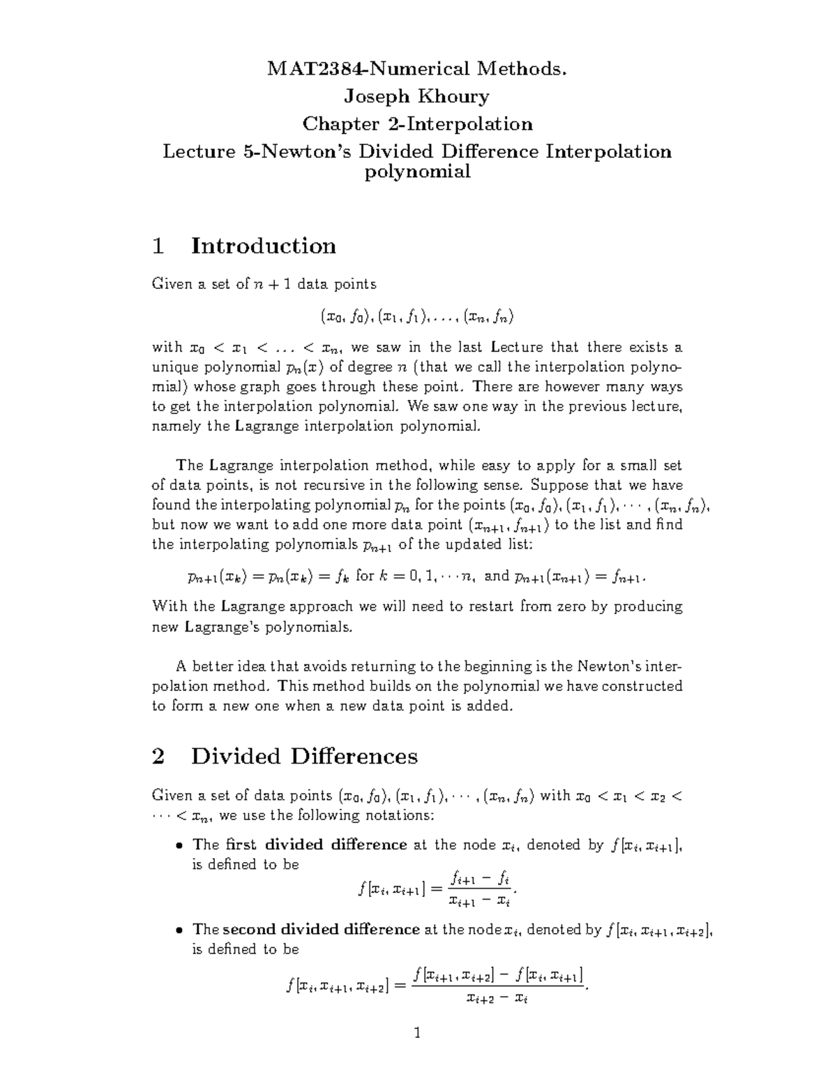 NM Lecture 5 - Fall 2025: Divided Difference Interpolation Methods ...