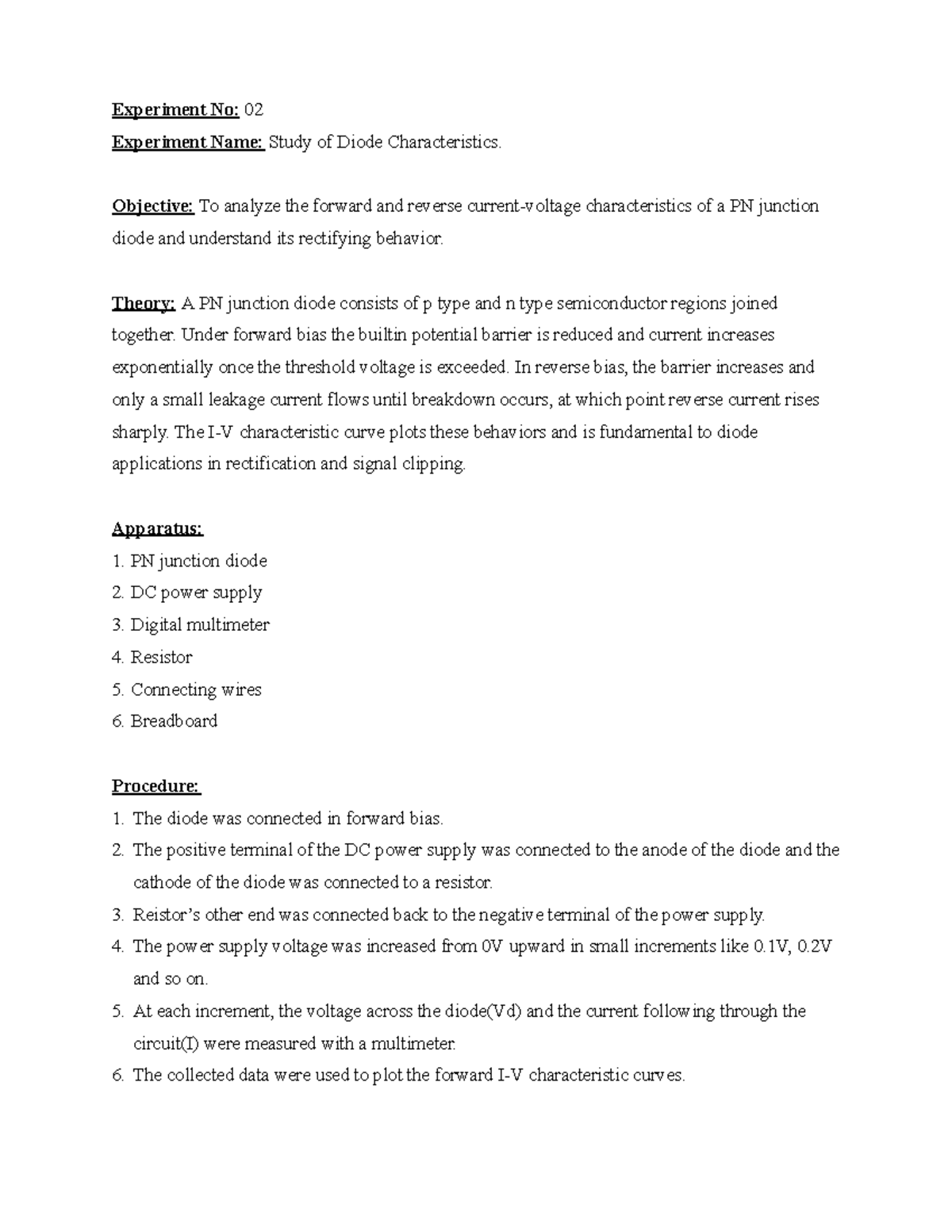 EDC Experiment No 02 - Lab Report on Diode Characteristics - Studocu