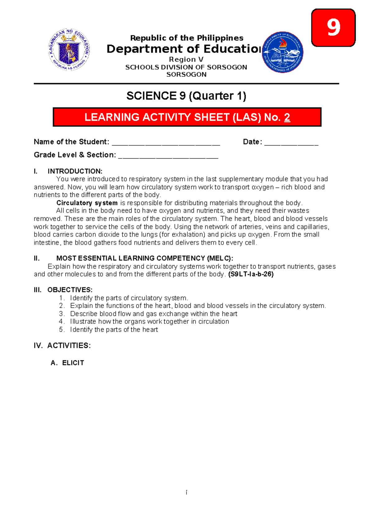 SCI 9 Learning Activity Sheet: Circulatory System Overview - Studocu