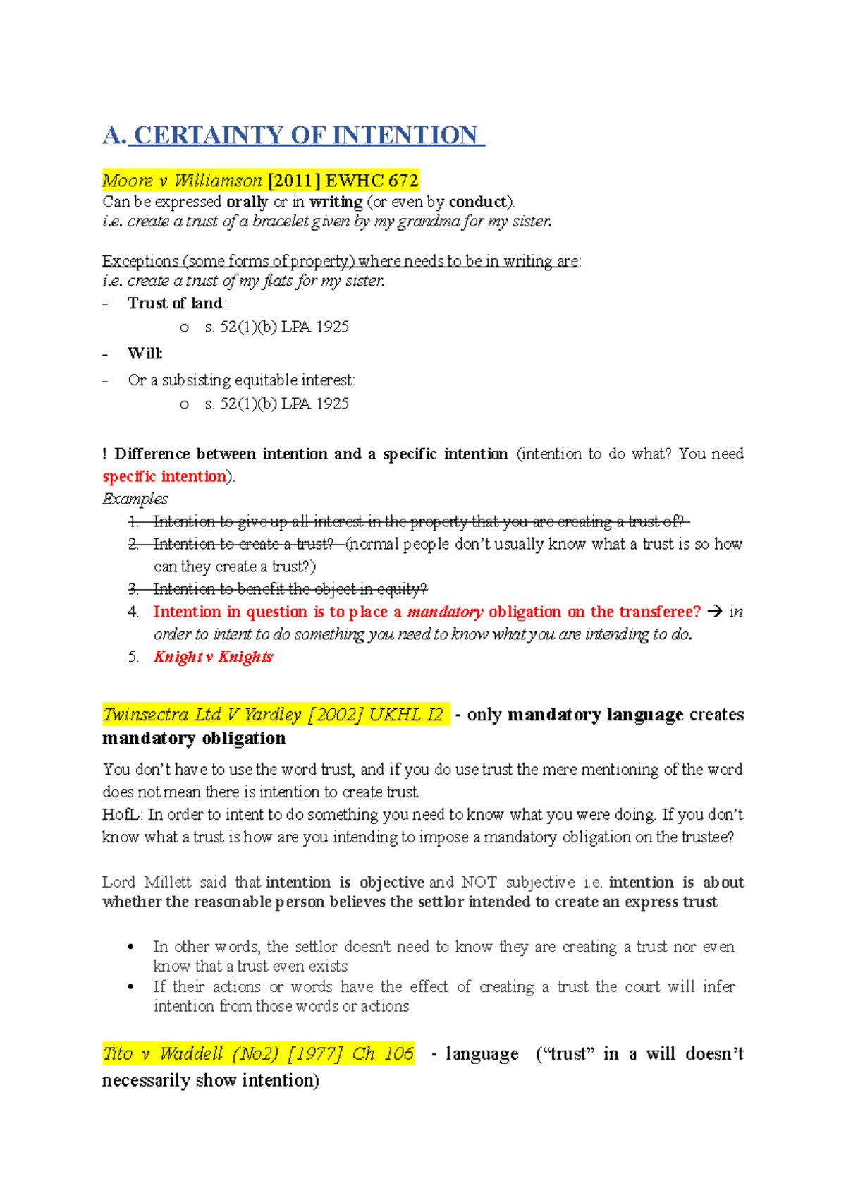 Certainty of Intention in Trust Law: Key Cases and Principles - Studocu