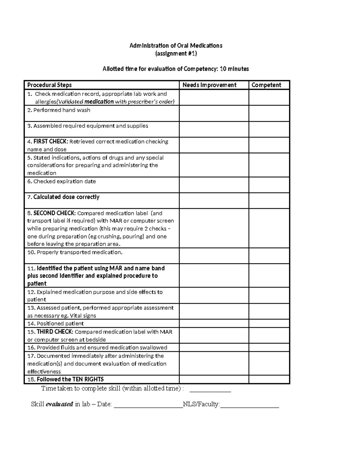 Nursing Assignment #1: Oral Medication Admin Procedure Checklist - Studocu