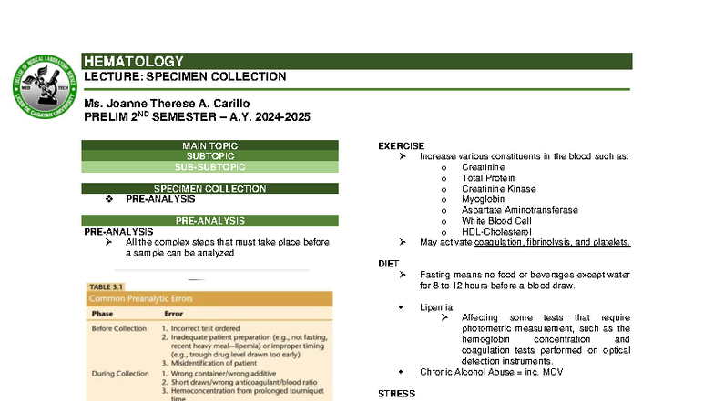 HEMATOLOGY LECTURE: SPECIMEN COLLECTION PRELIM 2ND SEM A.Y. - Studocu