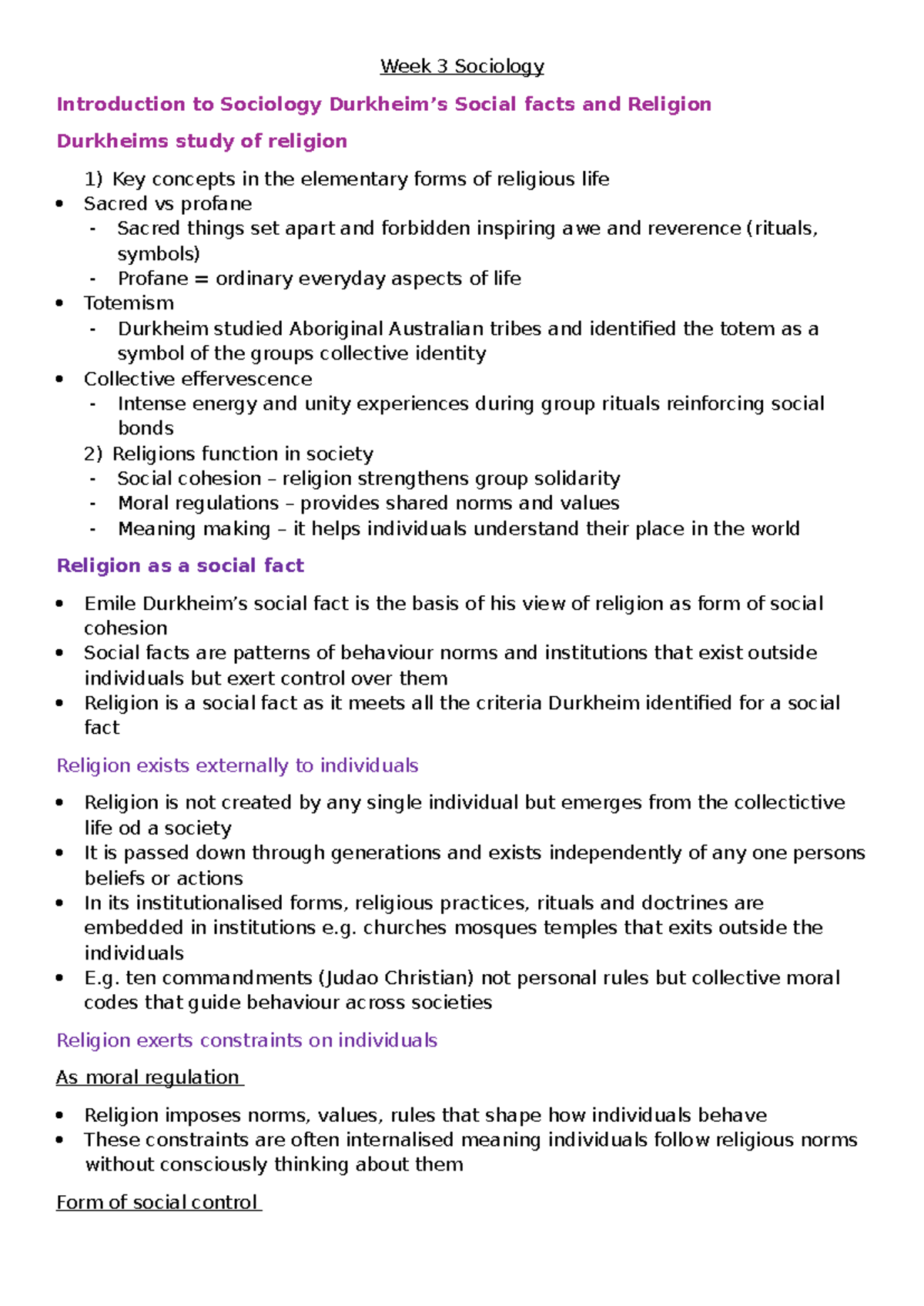 Week 3 Sociology - Durkheim's Study of Religion and Social ...