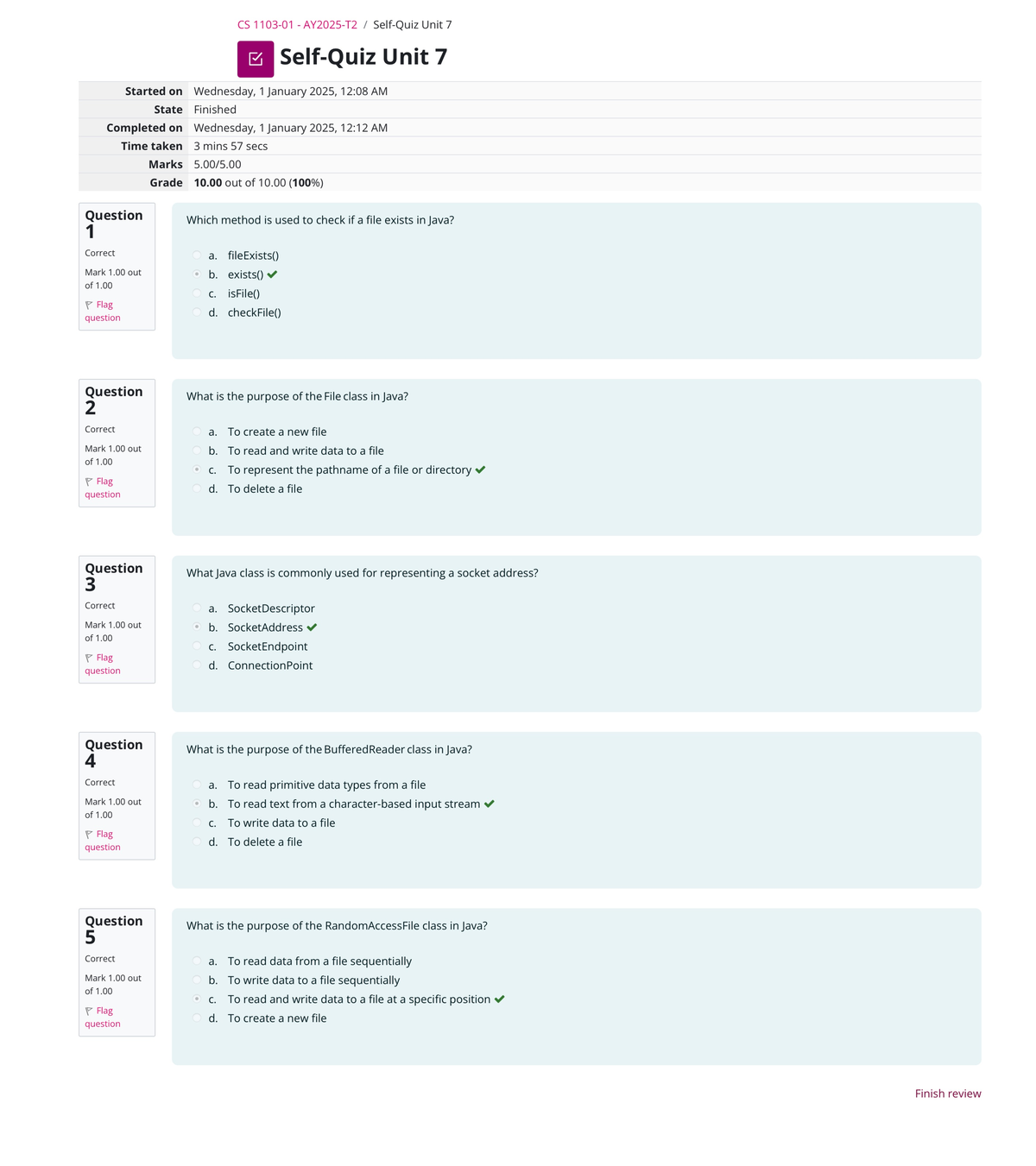 CS1103 - Unit 7 - Self Quiz - CS Unit 7 Unit 7 Started on Wednesday, 1 ...