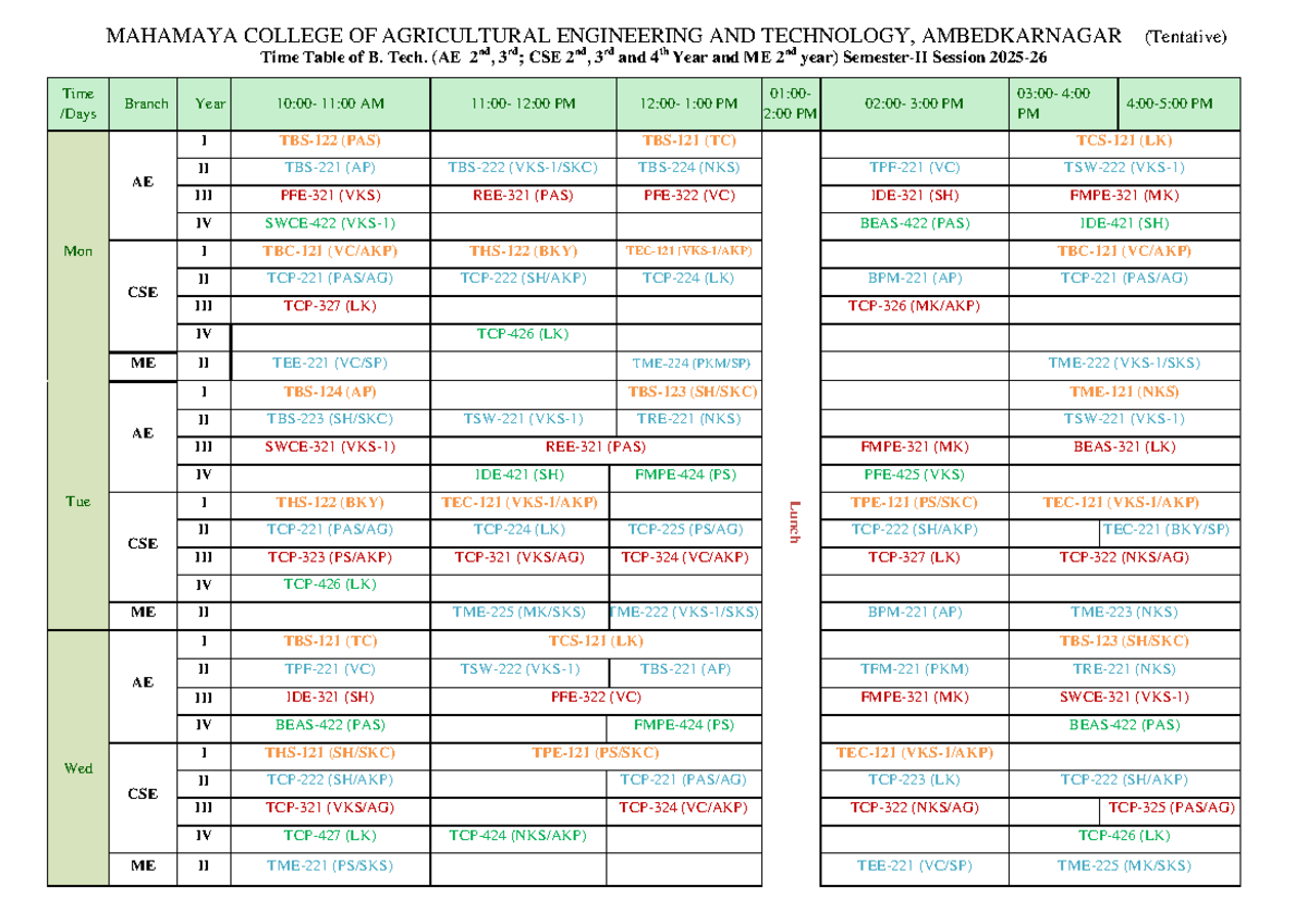Tentative Time Table for B. Tech & ME Courses (AE, CSE, ME) 2025-26 ...