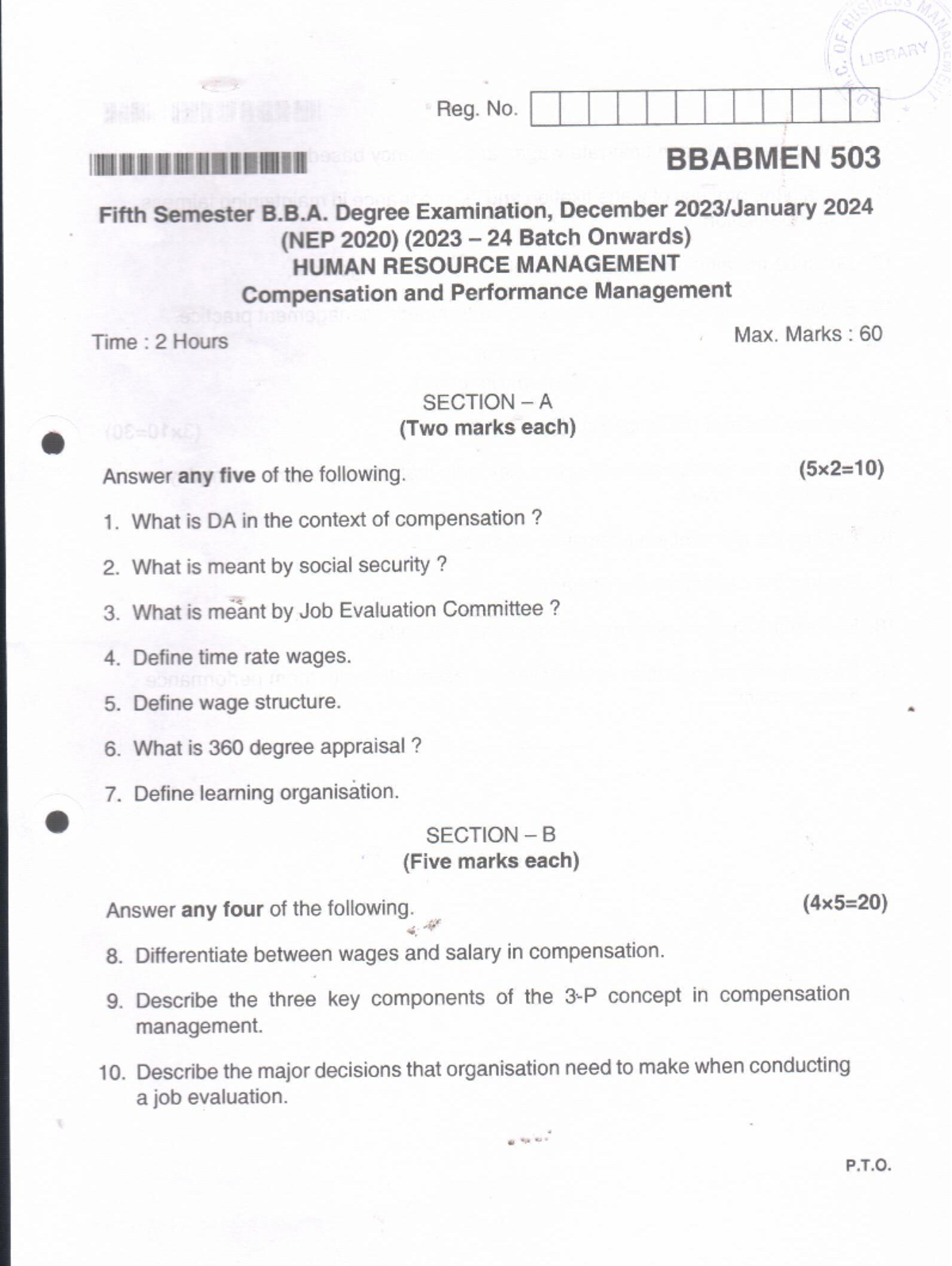 BBA V Sem HRM Compensation & Performance Management Jan 2024 Exam - Studocu
