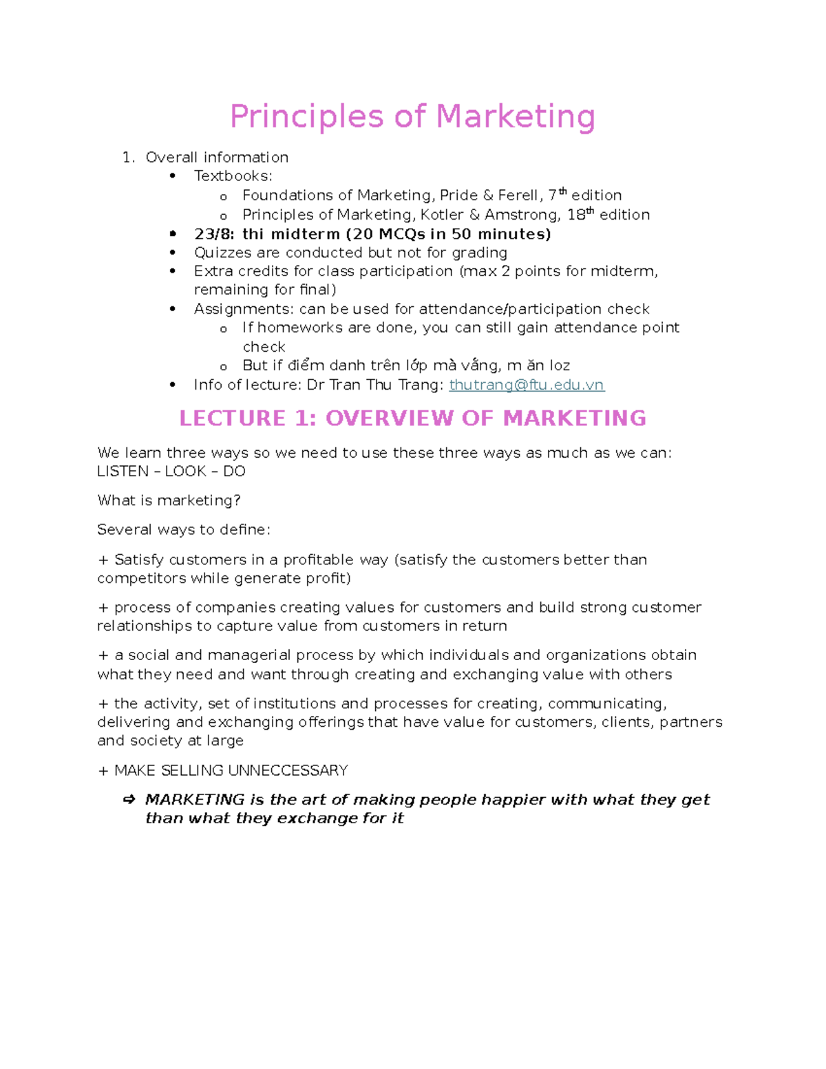 Principles of Marketing (MKT101) Midterm Study Notes - Studocu