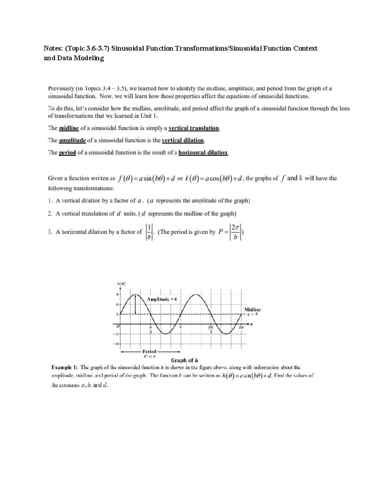 Sinusoidal Functions & Data Modeling Notes (3.6, 3.7) - Studocu