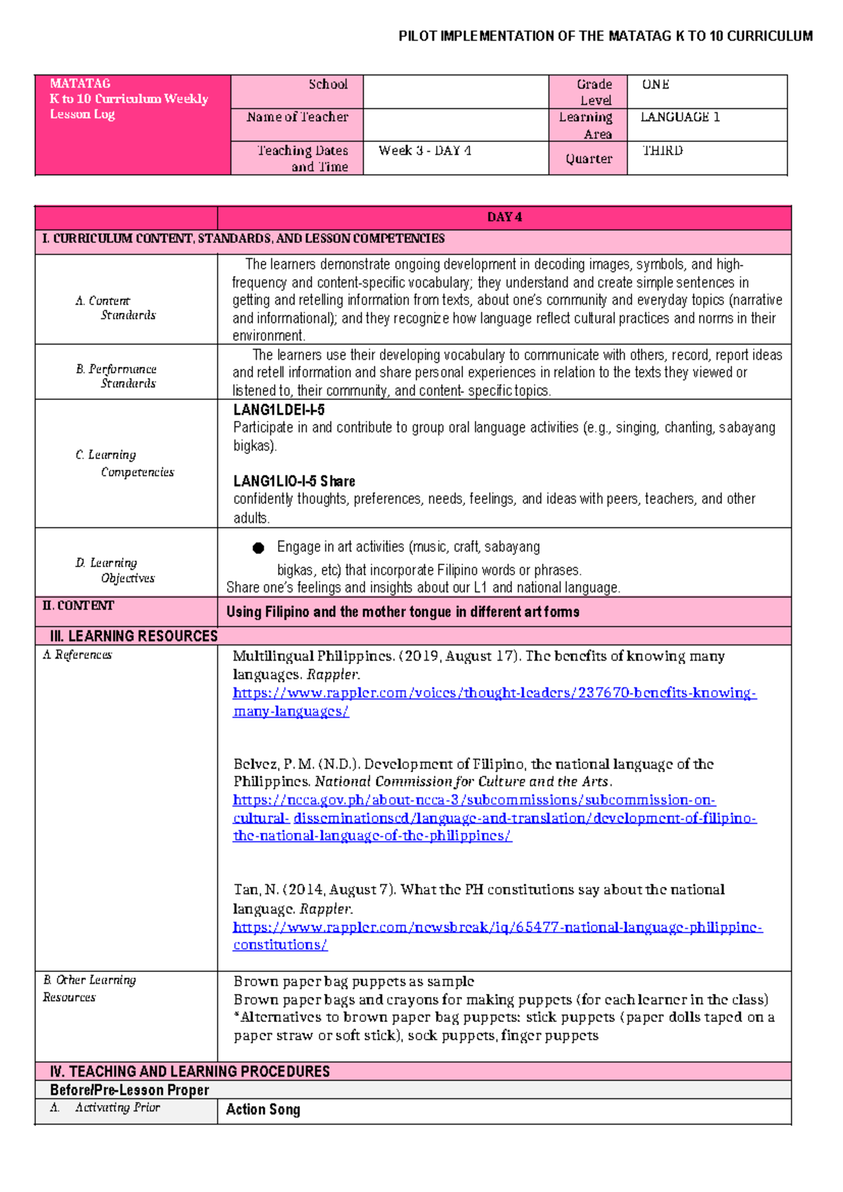 PILOT IMPLEMENTATION OF MATATAG K to 10 CURRICULUM: WEEK 3 LESSON LOG ...