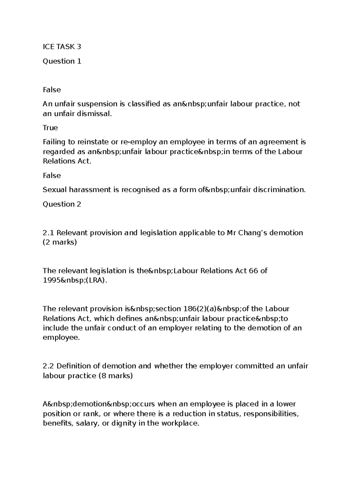 Labour Law ICE TASK 3: Unfair Suspension & Demotion Analysis - Studocu