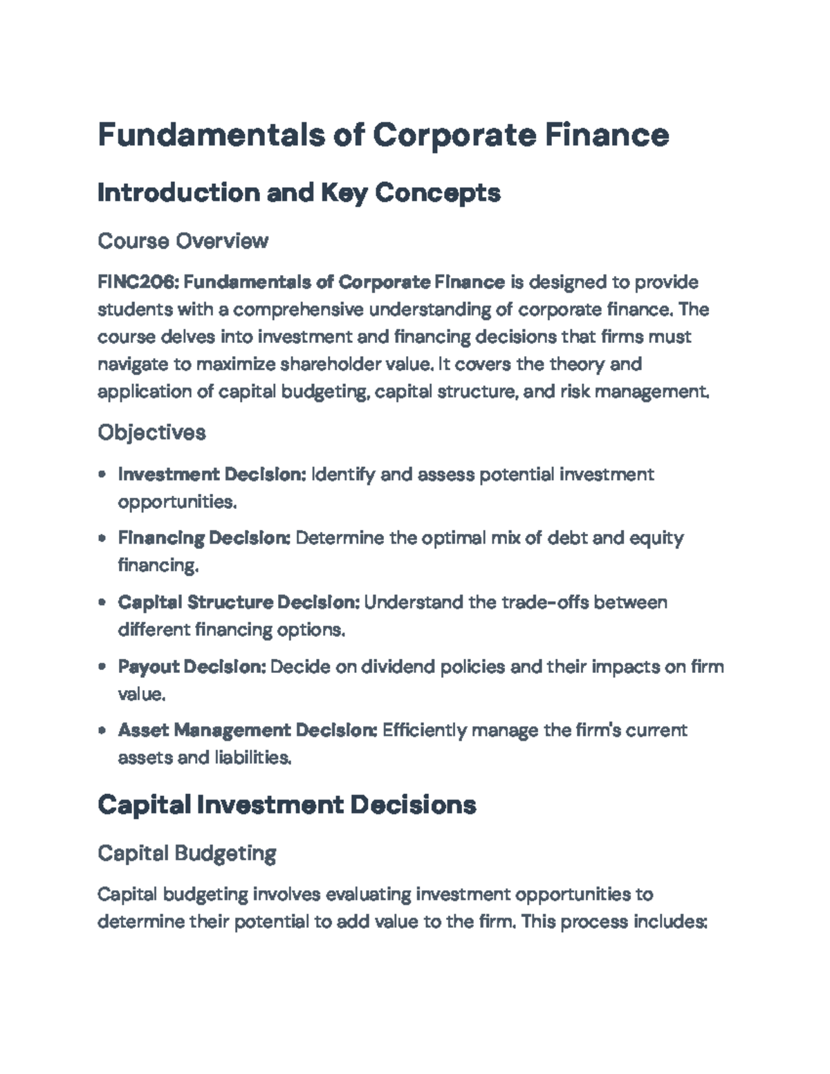 Understanding Corporate Finance: Key Concepts and Evaluations (FINC206 ...