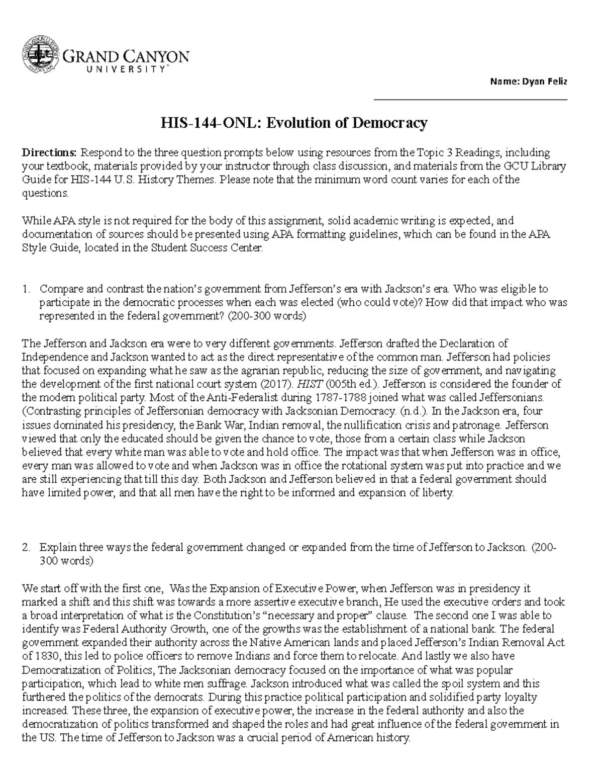 HIS-144-ONL: Worksheet on Evolution of Democracy from Jefferson to ...