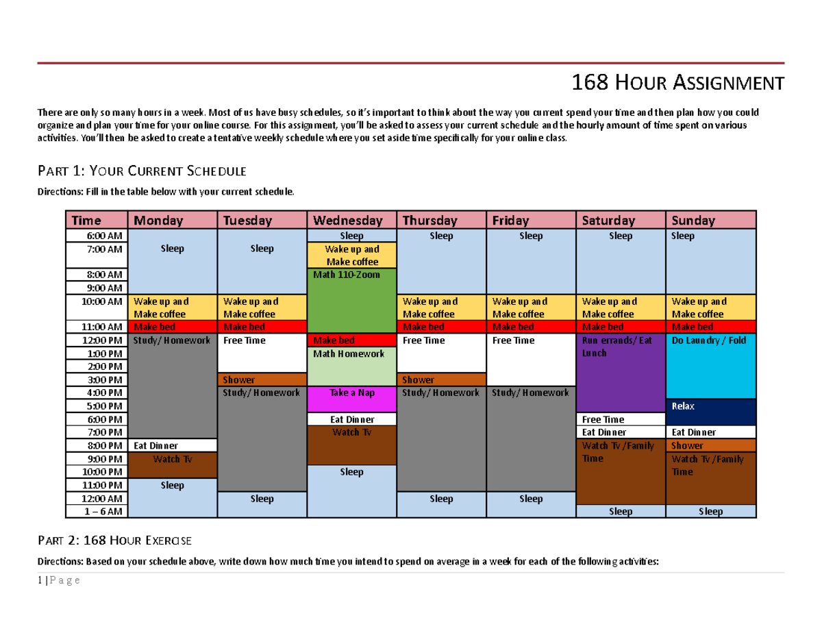 168 Hour Assignment: Weekly Time Management Planning Guide - Studocu