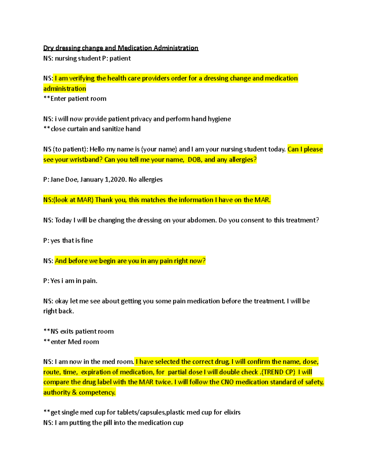 2302 Midterm OSCE Scripts: Dressing Change & Medication Admin ...