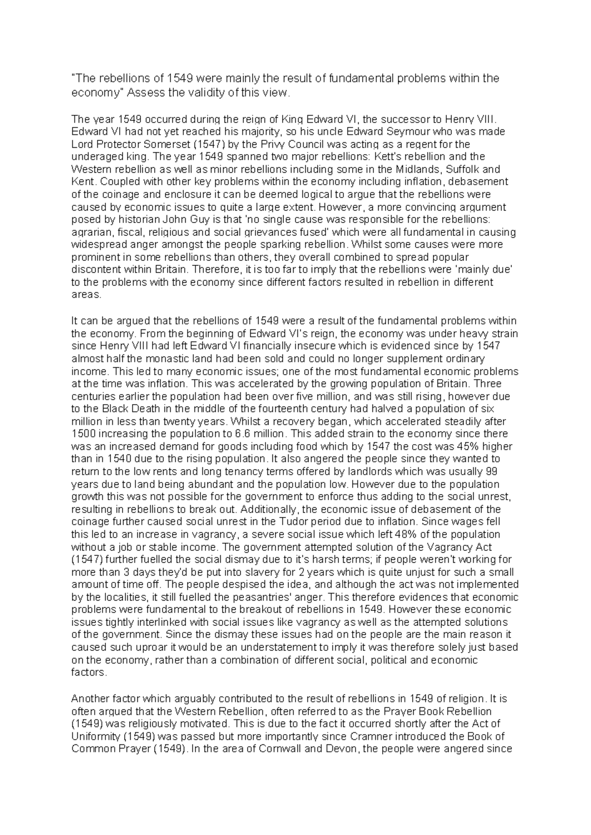 Economic and Social Causes of the 1549 Tudor Rebellions: A Study - Studocu