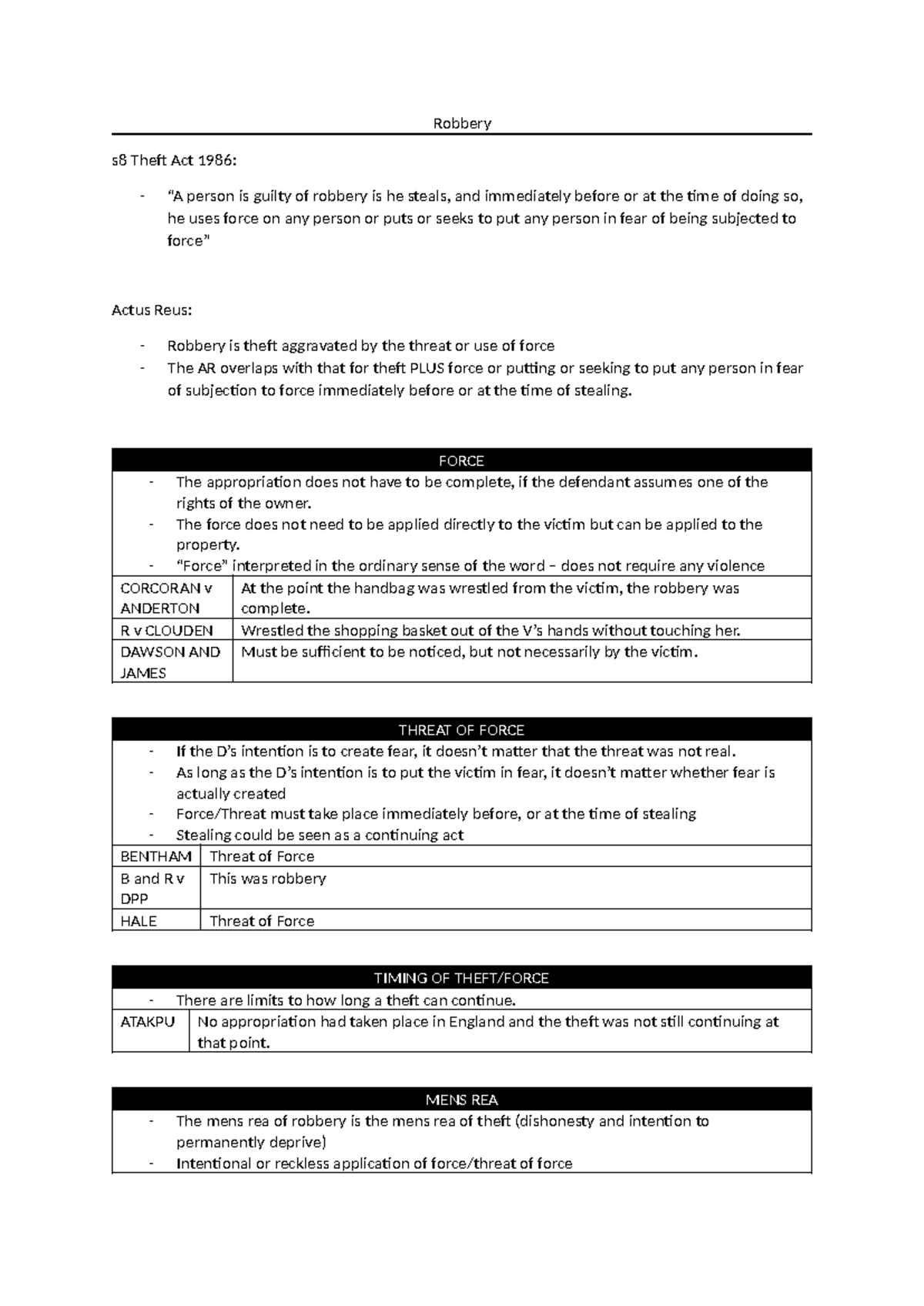 Robbery Study Notes: Key Concepts & Case Law (Criminal Law 101) - Studocu