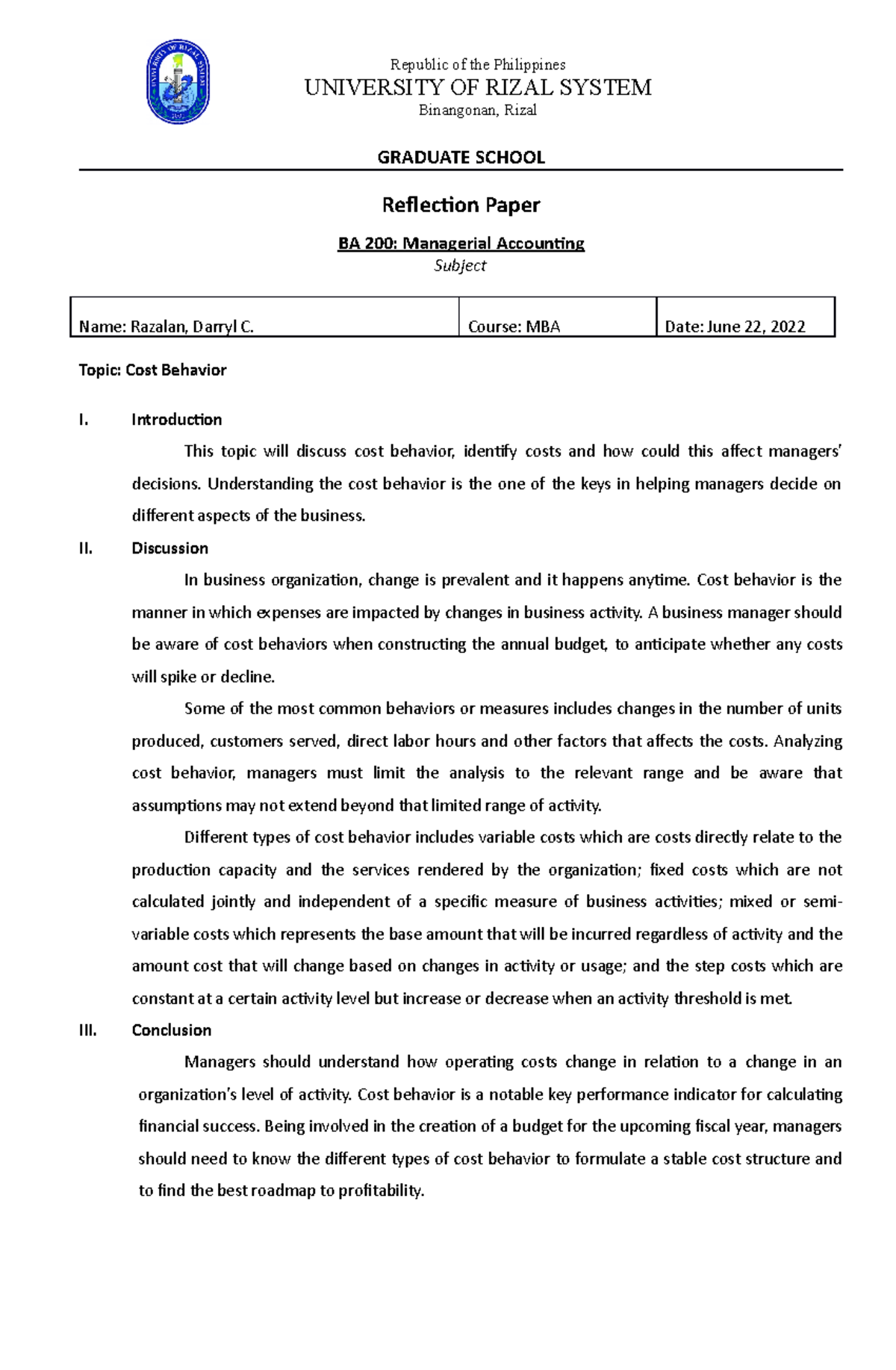 BA 200 - Reflection Paper on Cost Behavior and Managerial Decisions ...