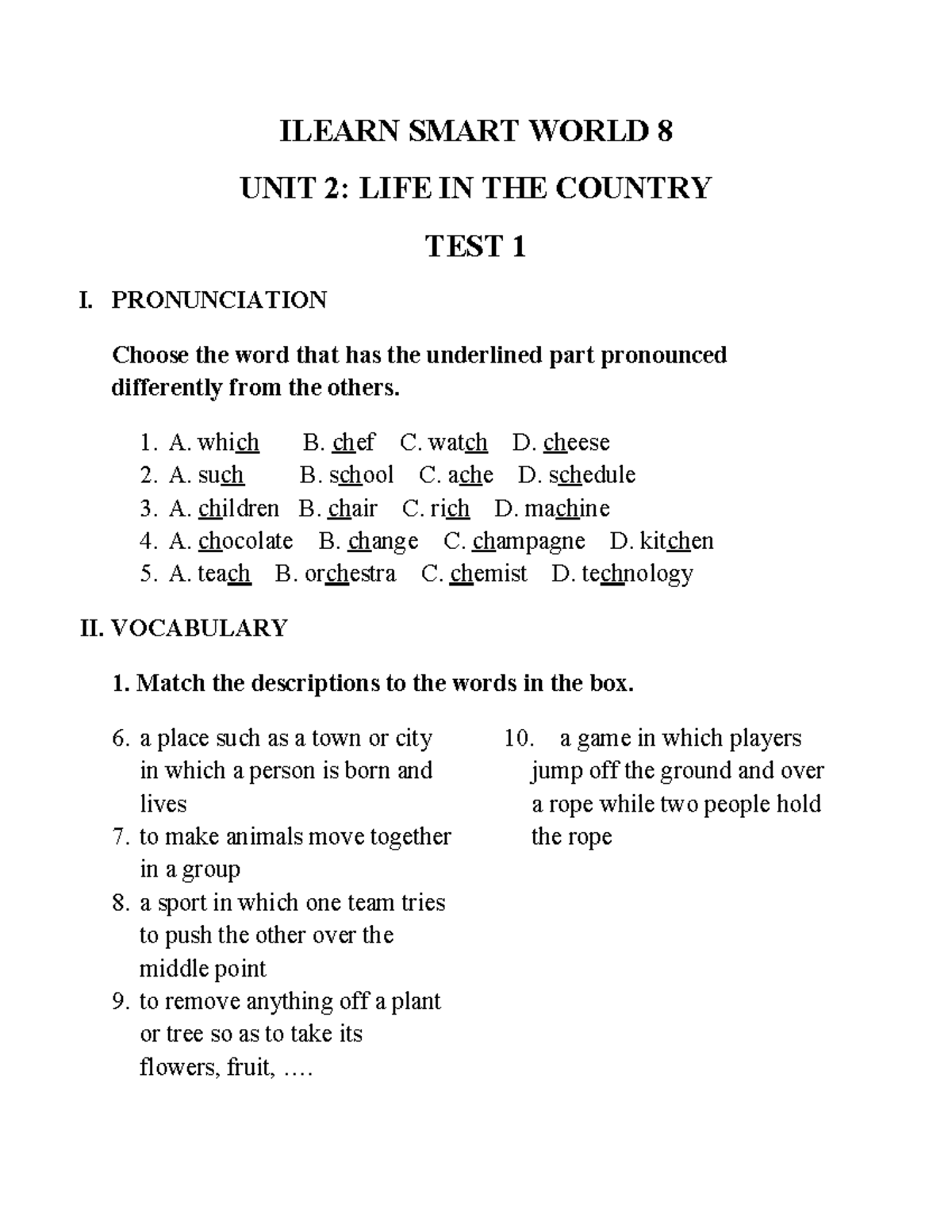 ILEARN SMART WORLD 8 UNIT 2: LIFE IN THE COUNTRY TEST 1 - Studocu