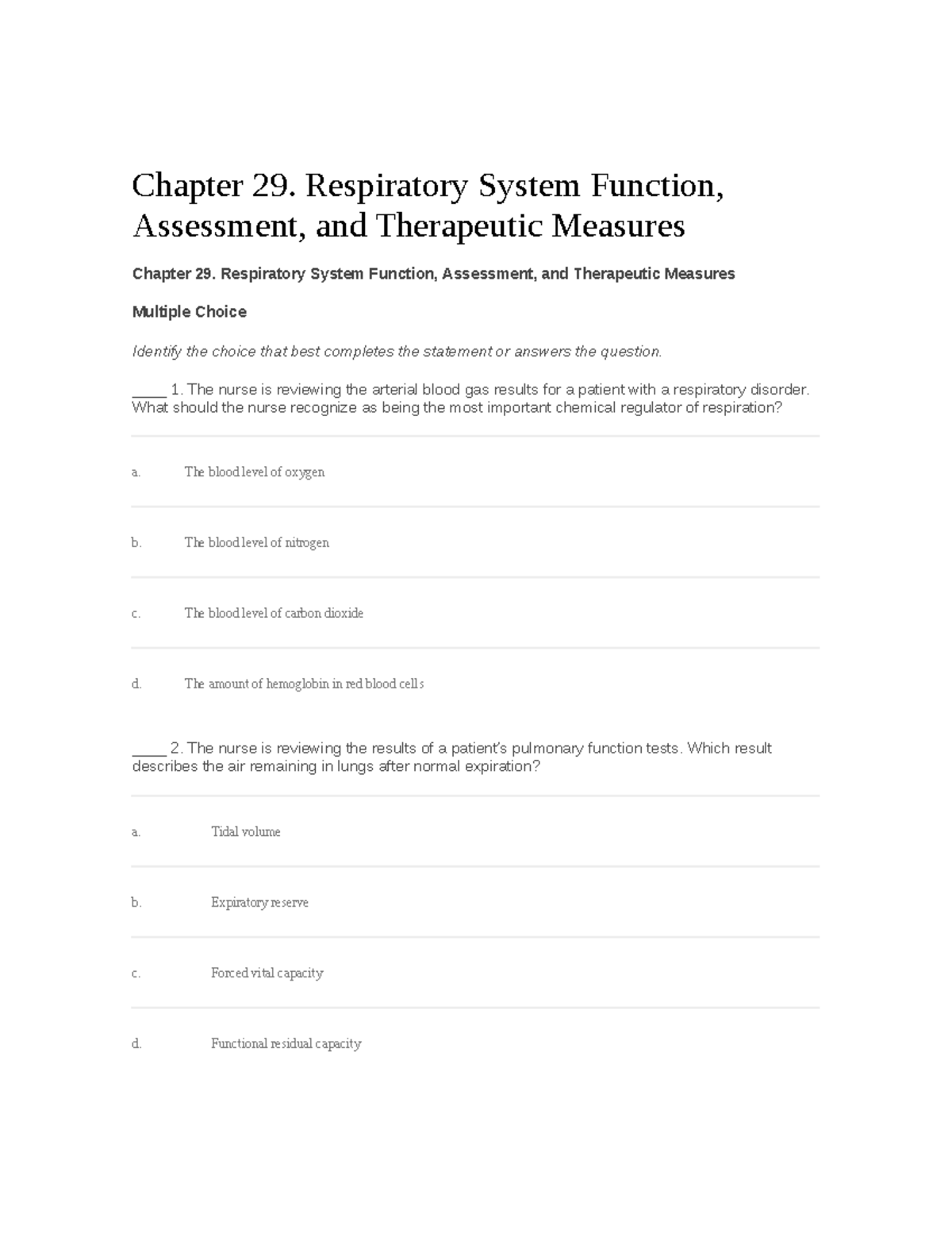 MED SURG Respiratory CH 29 Study Guide - Chapter 29. Respiratory System ...