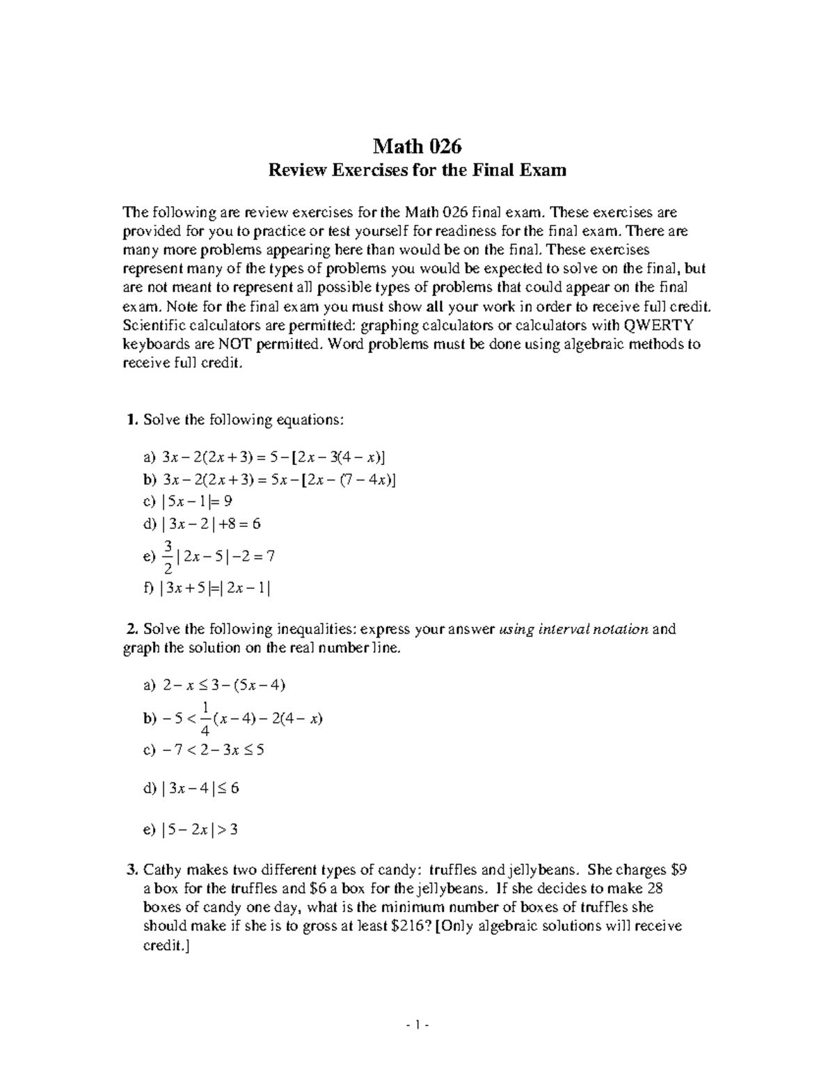 Math 026 Final Exam Review Exercises: Comprehensive Practice Packet ...