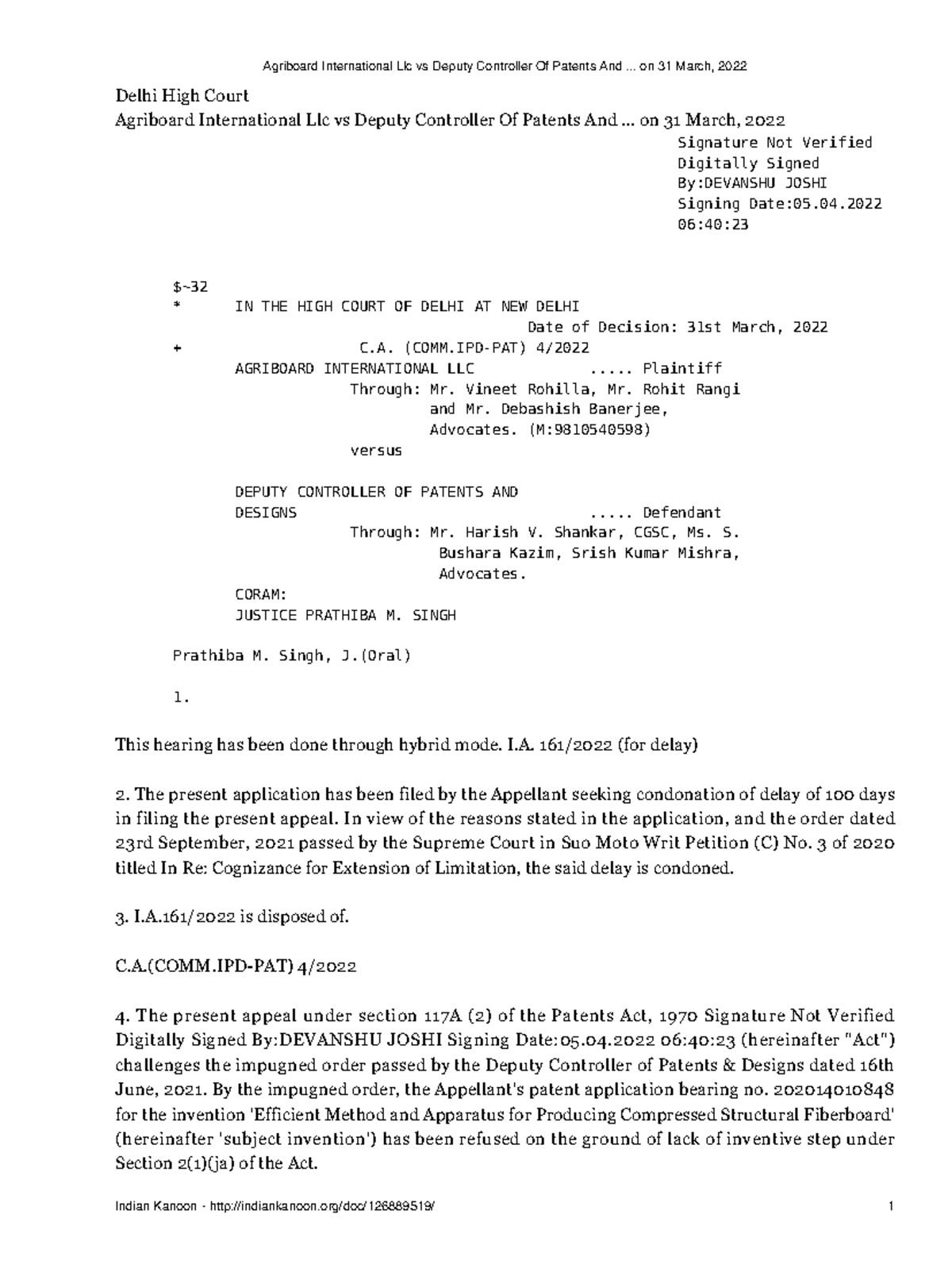 Agriboard International LLC vs Deputy Controller of Patents: Non ...