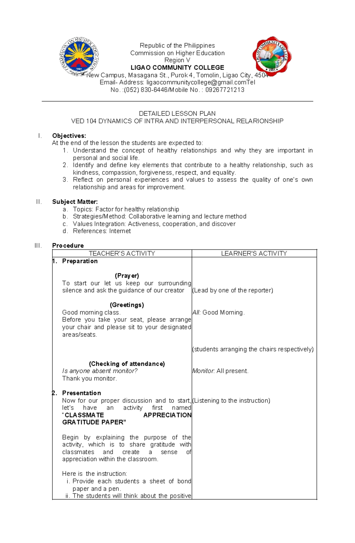 Detailed Lesson Plan: VED 104 Dynamics of Intra and Interpersonal ...