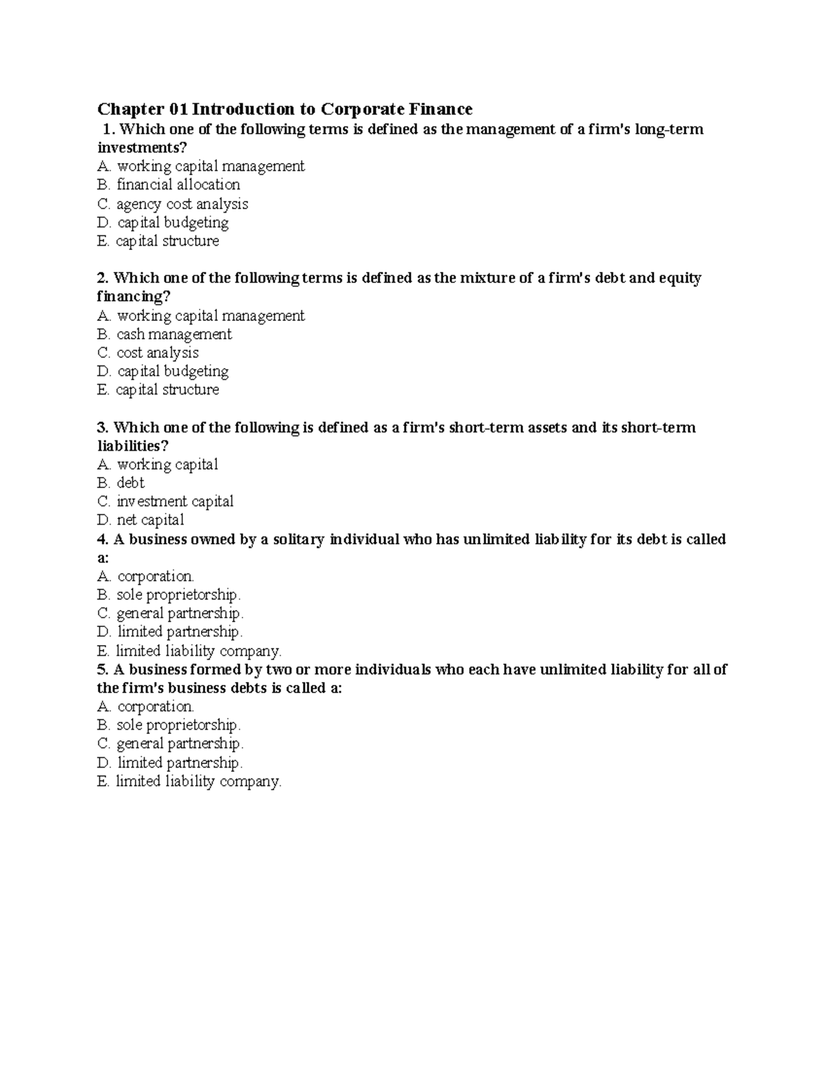 Chapter 01: Introduction to Corporate Finance - Key Concepts and Terms ...