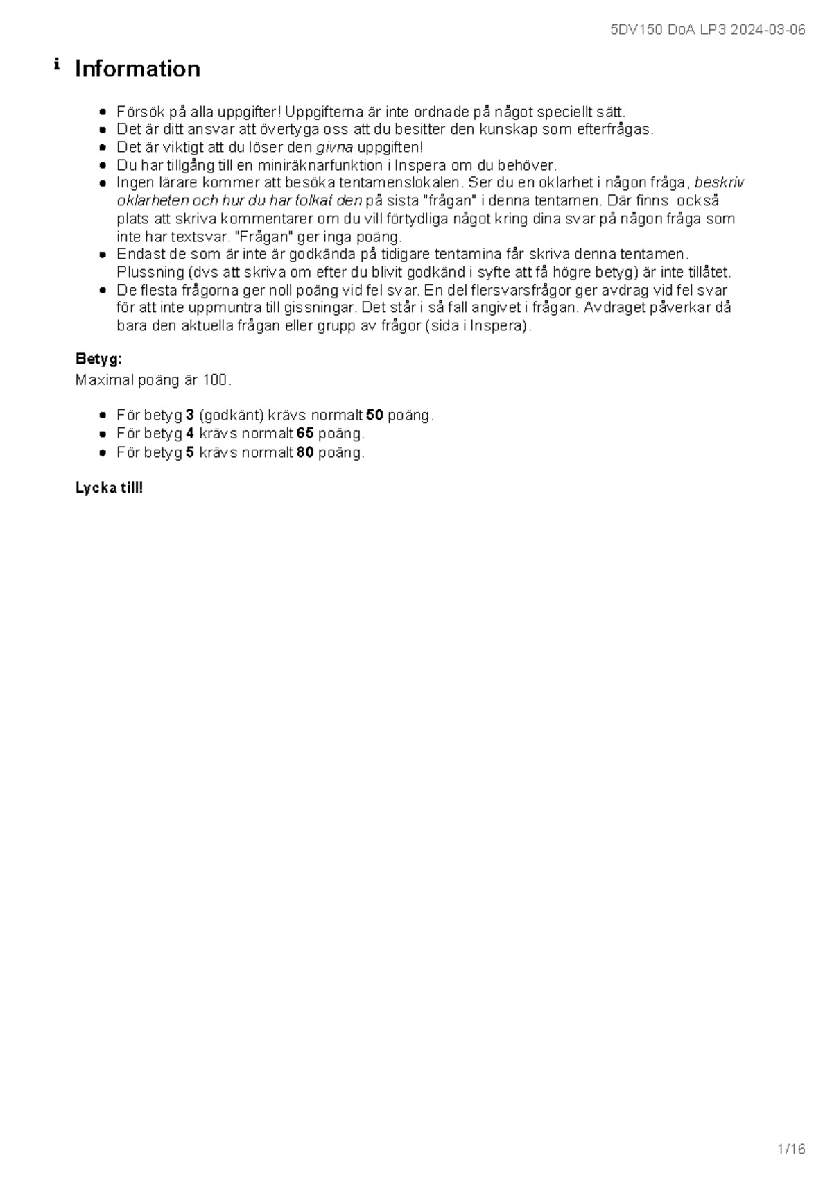 5DV150 DoA LP3 Tentamen 2024-03-06 Svar och Lösningar - Studocu