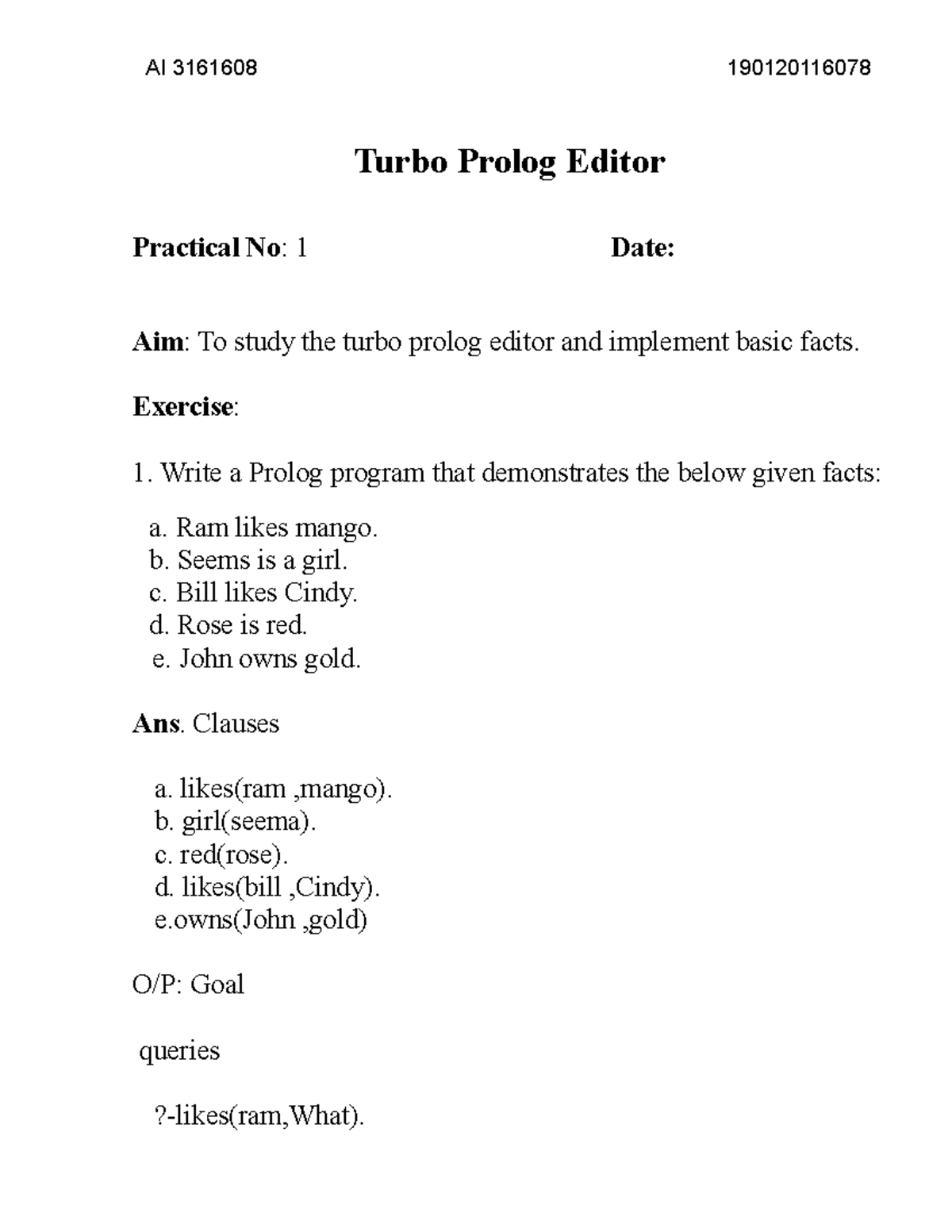 Ai Final Exam - Important Prolog Practical Notes - Studocu