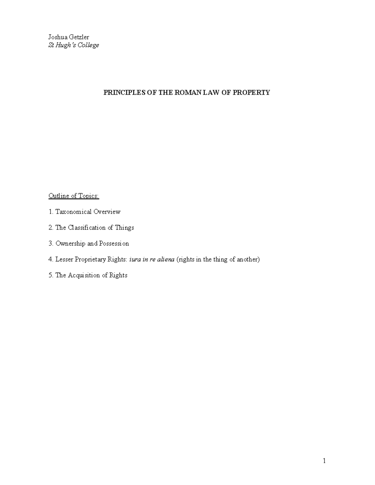 Principles of the Roman Law of Property (Getzler) - Lecture Notes ...