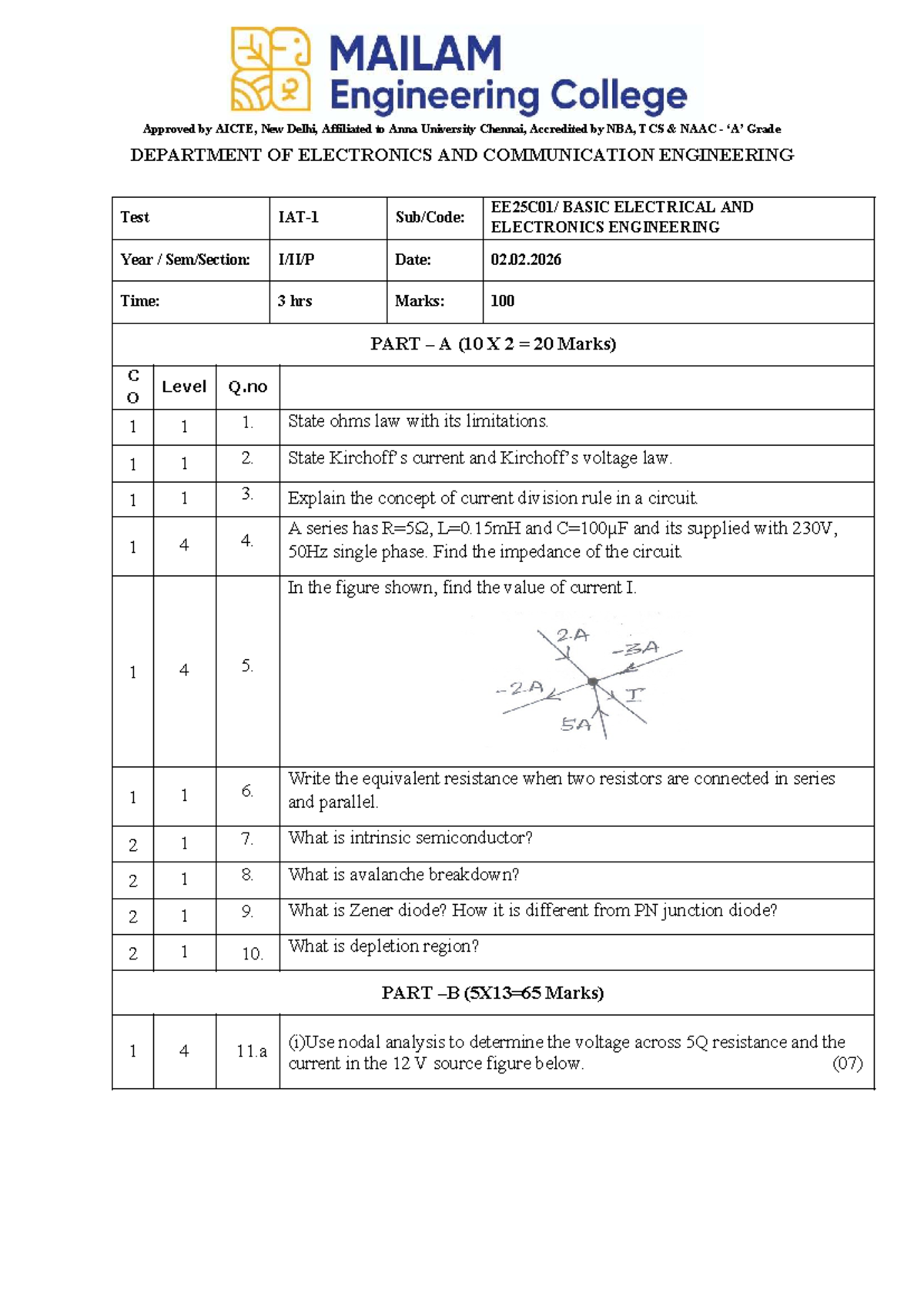 BEEE 101: Basic Electrical & Electronics Engineering Test - 02.02.2026 ...