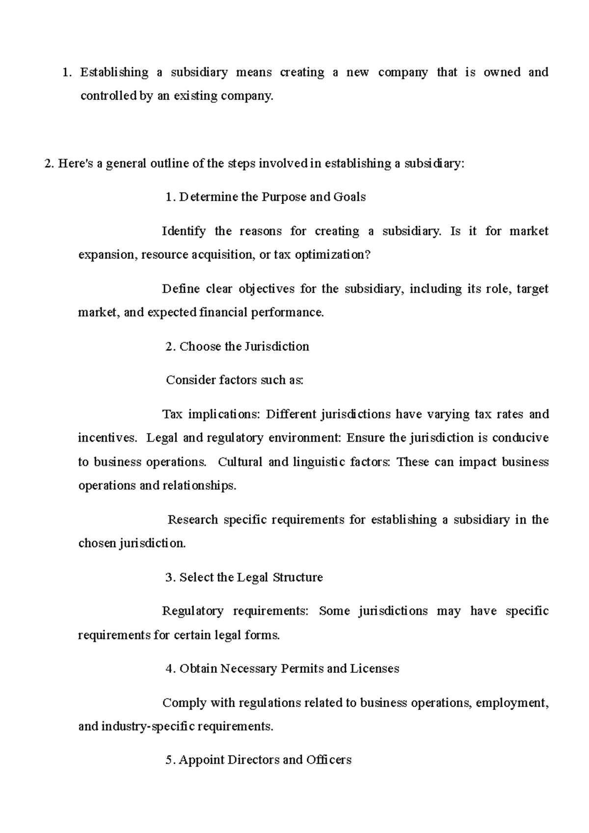 Establishing a Subsidiary: Key Steps & Strategic Considerations - Studocu