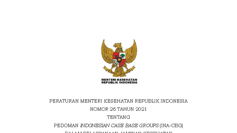 Permenkes No. 26 Tahun 2021: Pedoman Indonesian Case Base Groups - Studocu