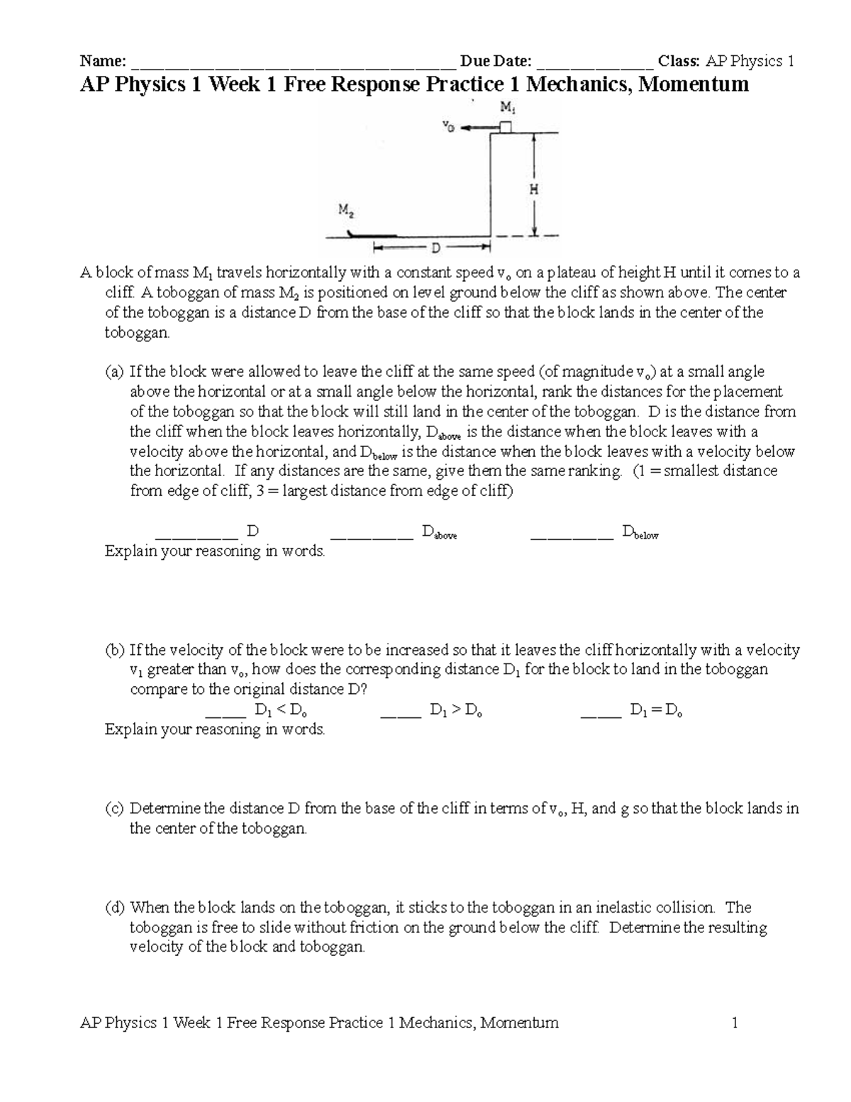 AP Physics 1 Week 1 Free Response Practice: Mechanics Analysis - Studocu