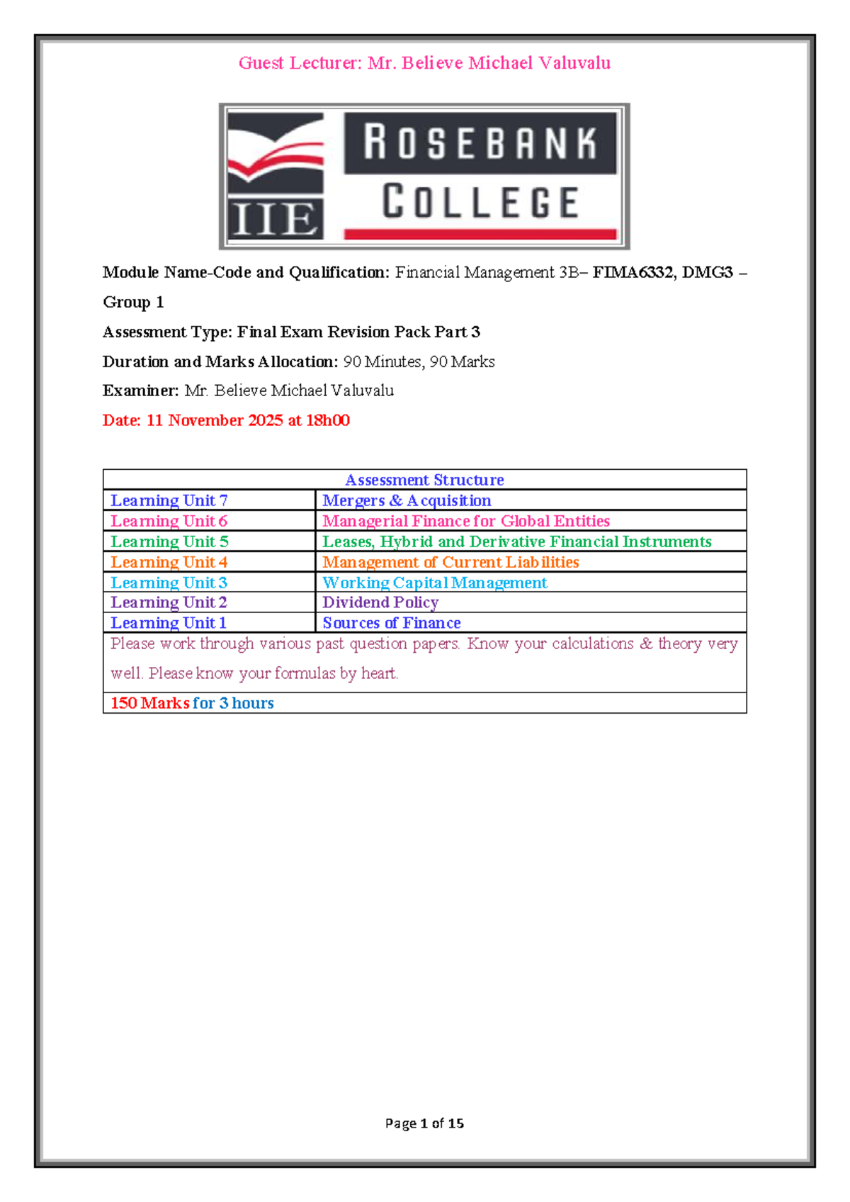 FIMA6332 Financial Management Final Exam Revision Pack Part 3 - Studocu