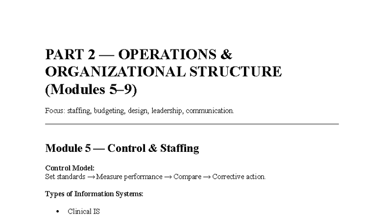 CHSM 305 Part 2 — Operations & Org Structure Overview - Studocu
