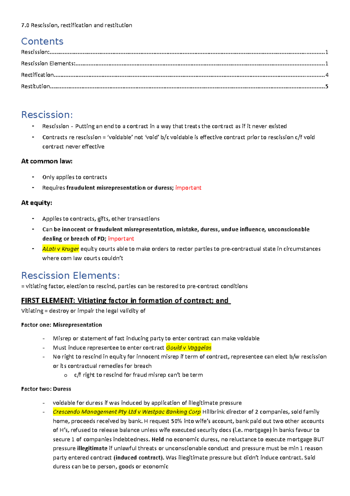 7.0 Rescission, Rectification & Restitution: Key Legal Principles ...