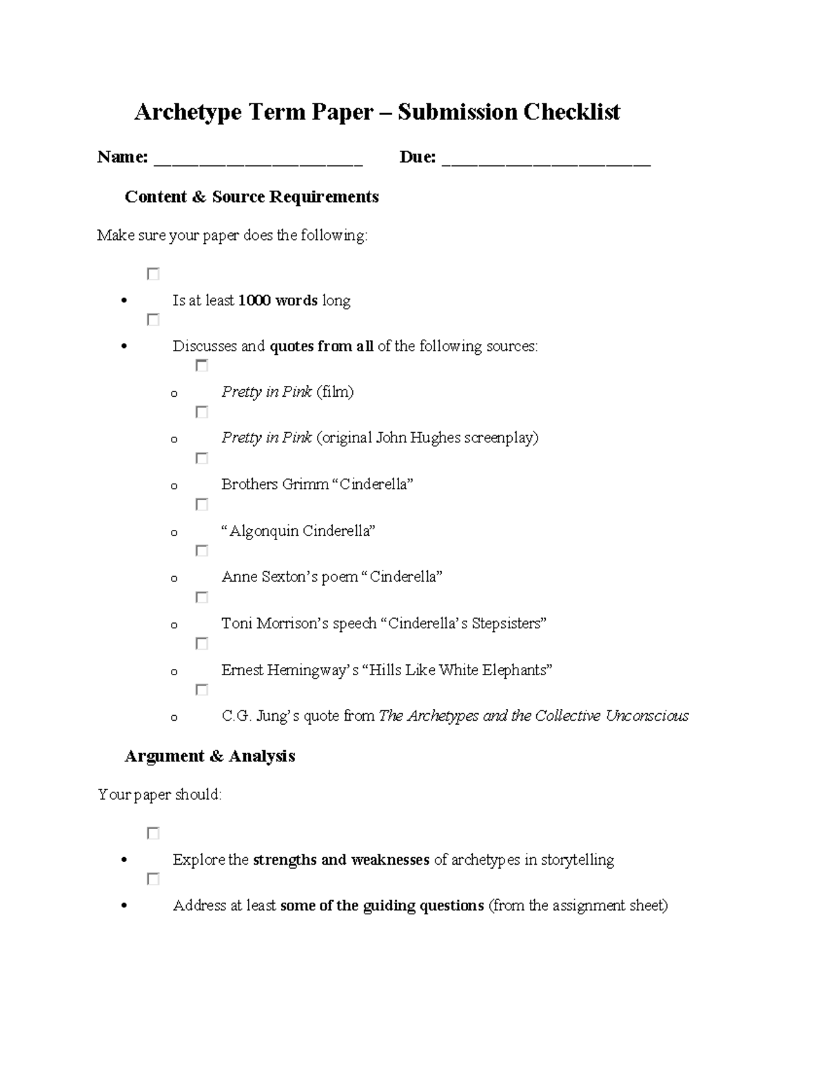 Archetype Paper Checklist Spring 2025 - Archetype Term Paper ...