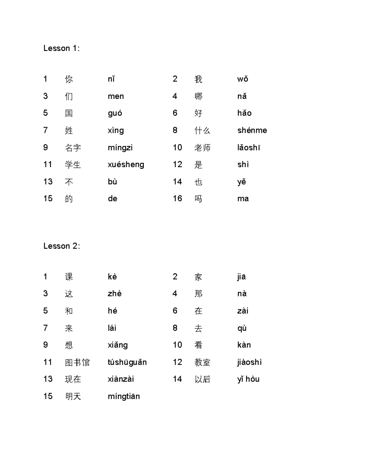 Vocabulary list for Dictation 1 - Chinese Language - Lesson 1: 1 你 nǐ 2 ...