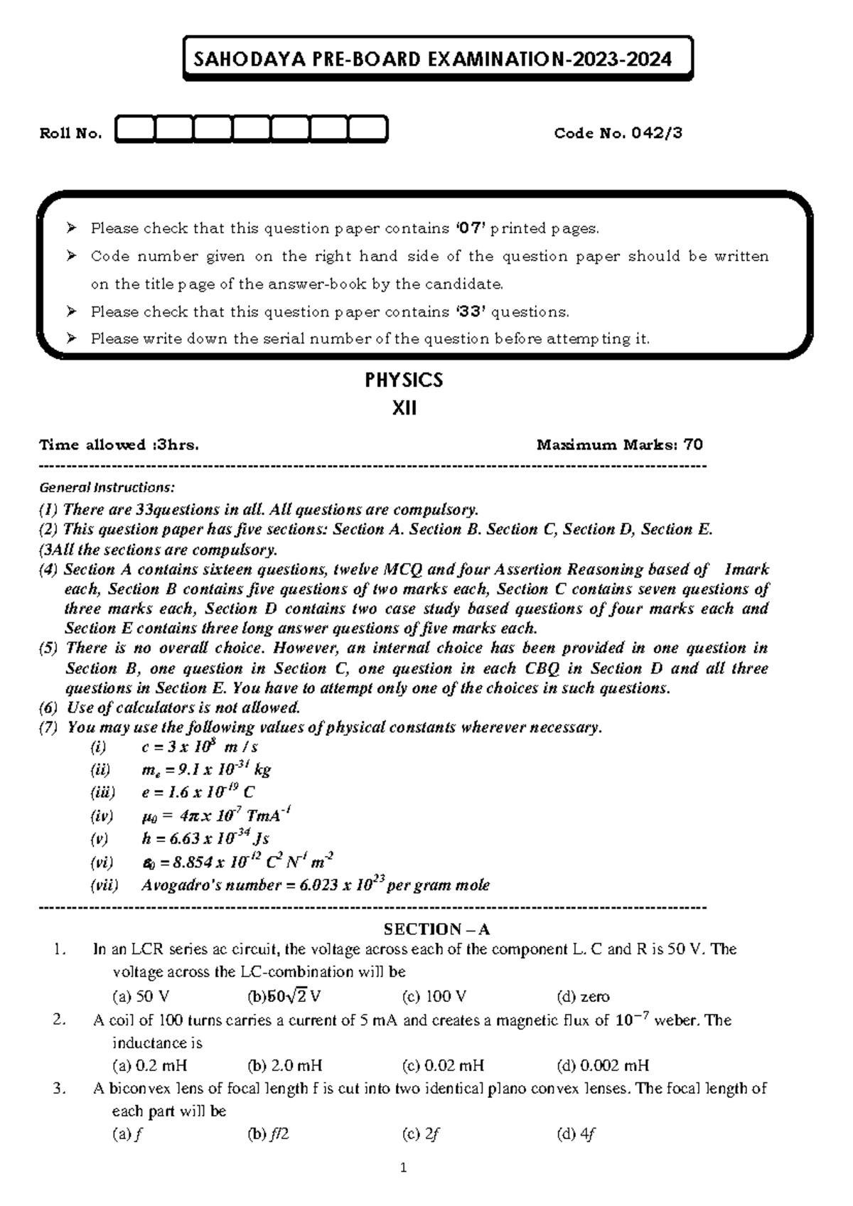 Physics - QP [SET - 3] - SAHODAYA PRE-BOARD EXAMINATION-2023- Roll No ...