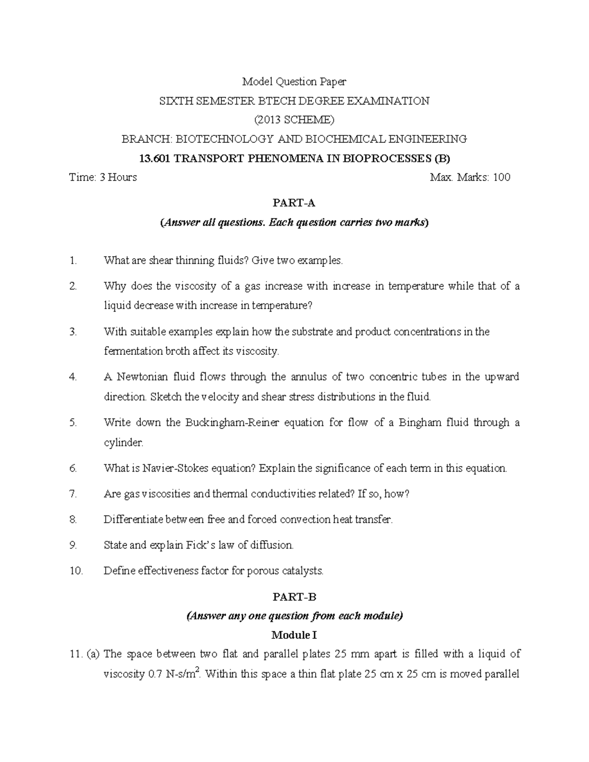 TPQP for 13.601 Transport Phenomena in Bioprocesses - BTech 6th Sem ...