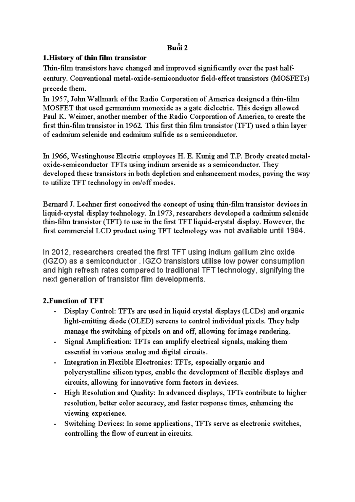 TFT Technology Overview: Historical Developments & Applications - Studocu