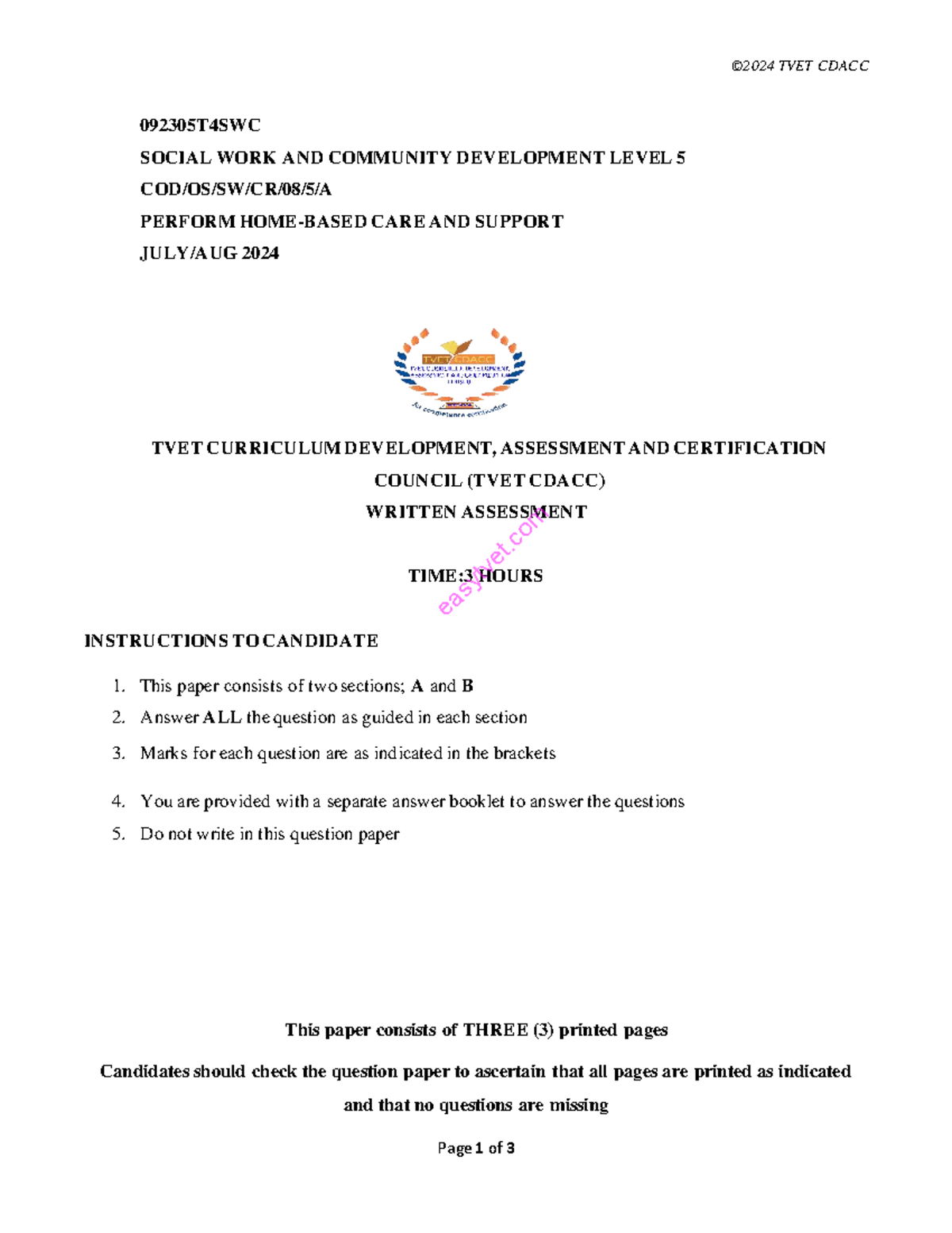 TVET CDACC 092305T4SWC Social Work & Community Dev. Level 5 Assessment ...