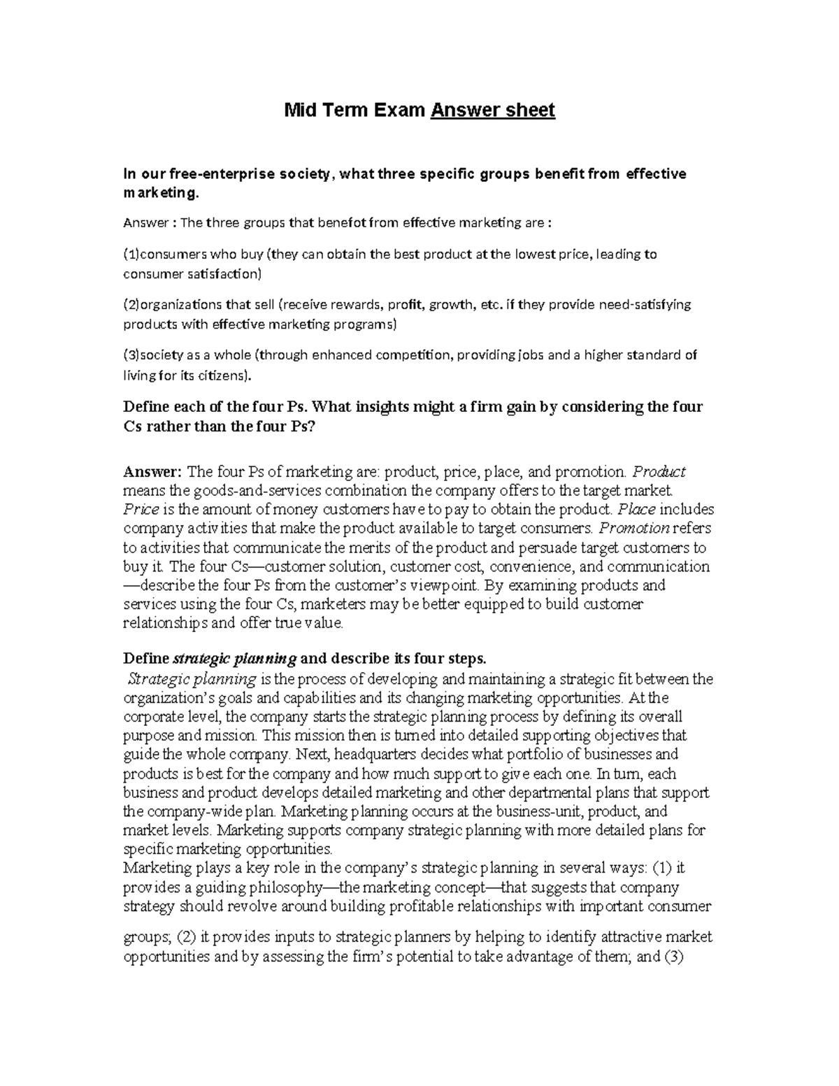 Midterm Exam Answers for Comm 223: Marketing Principles and Concepts ...