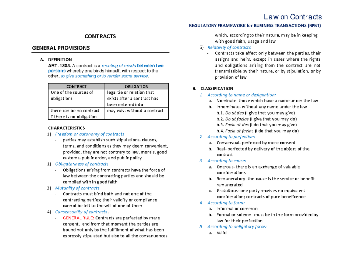 (RFBT) Comprehensive Overview of Law on Contracts - Studocu