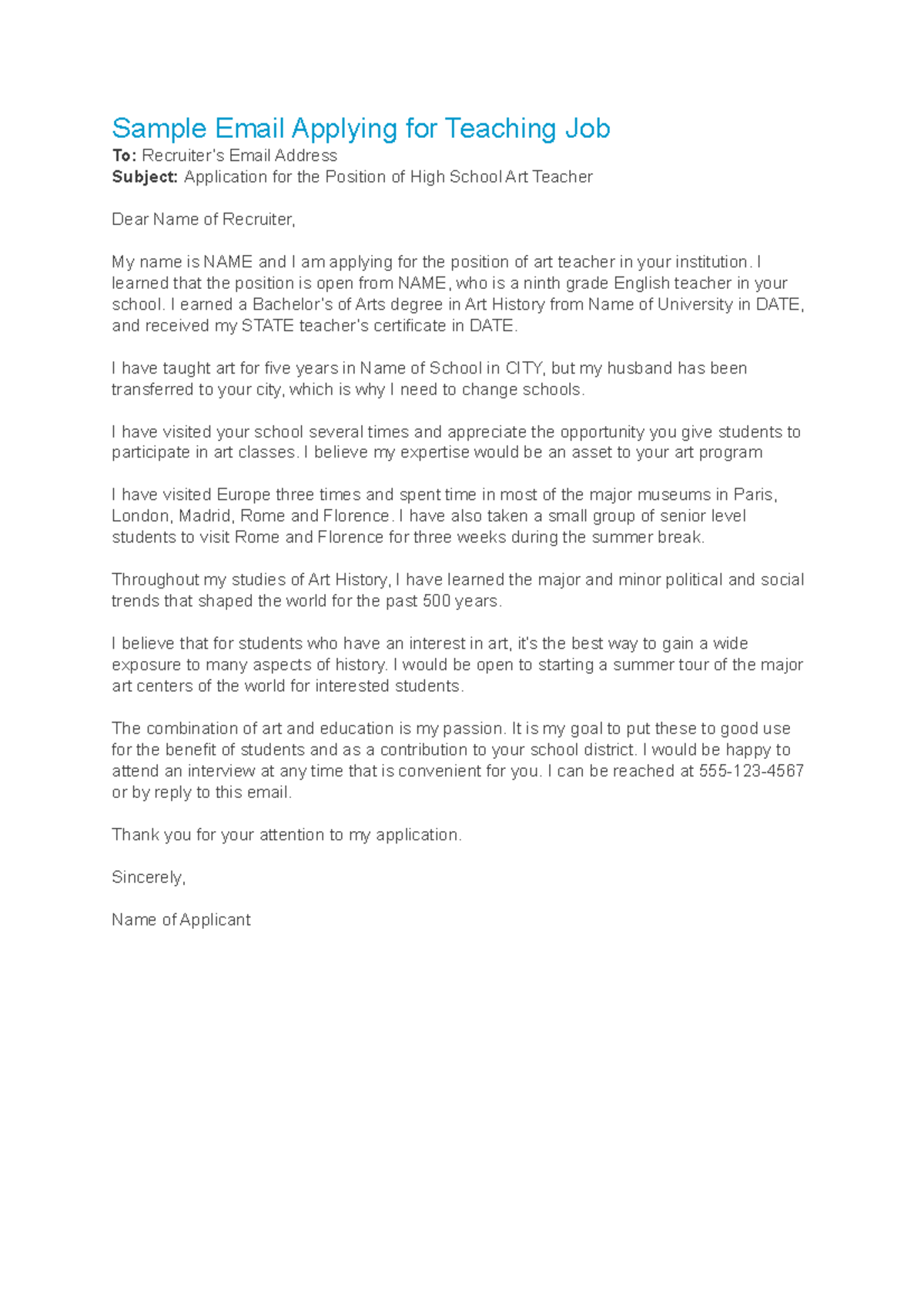 Teaching Job Application Email Sample for Art Teacher Position - Studocu