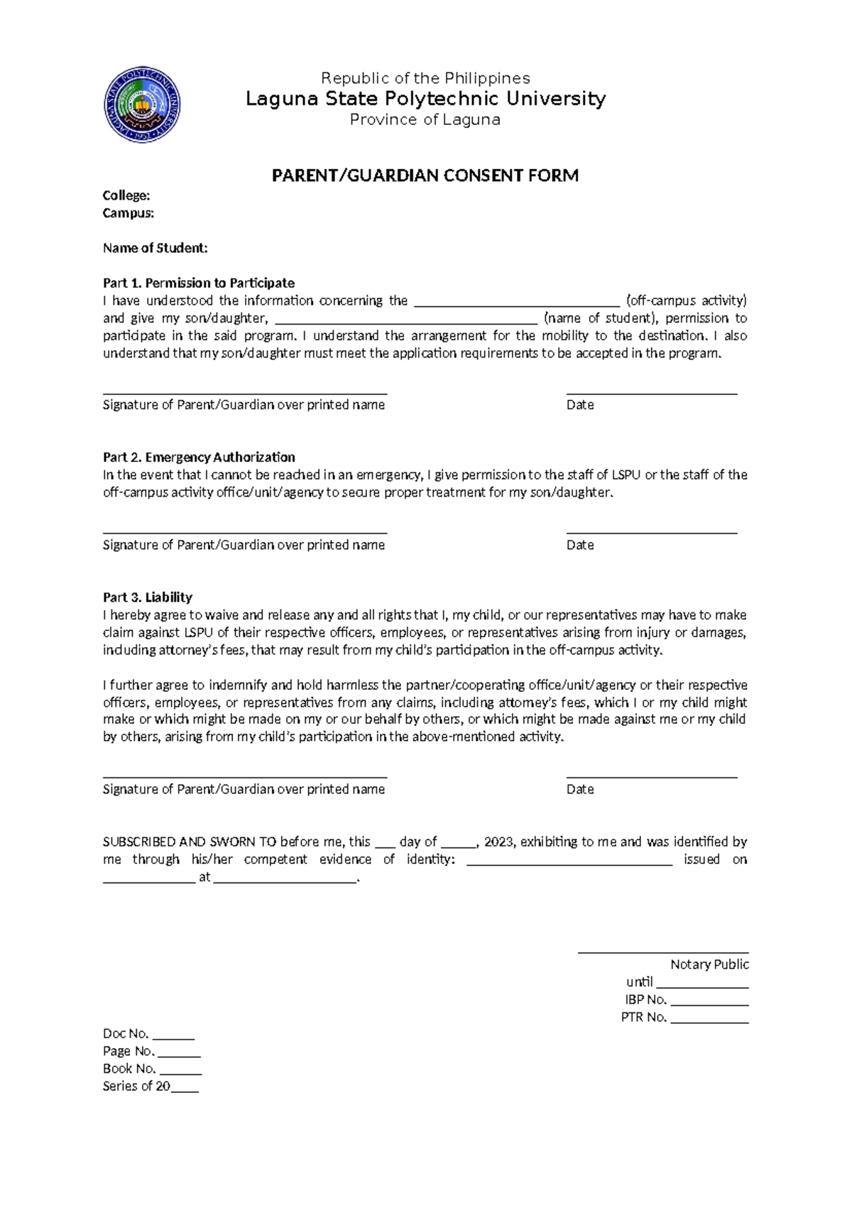 LSPU Parent/Guardian Consent Form for Off-Campus Activity - Studocu